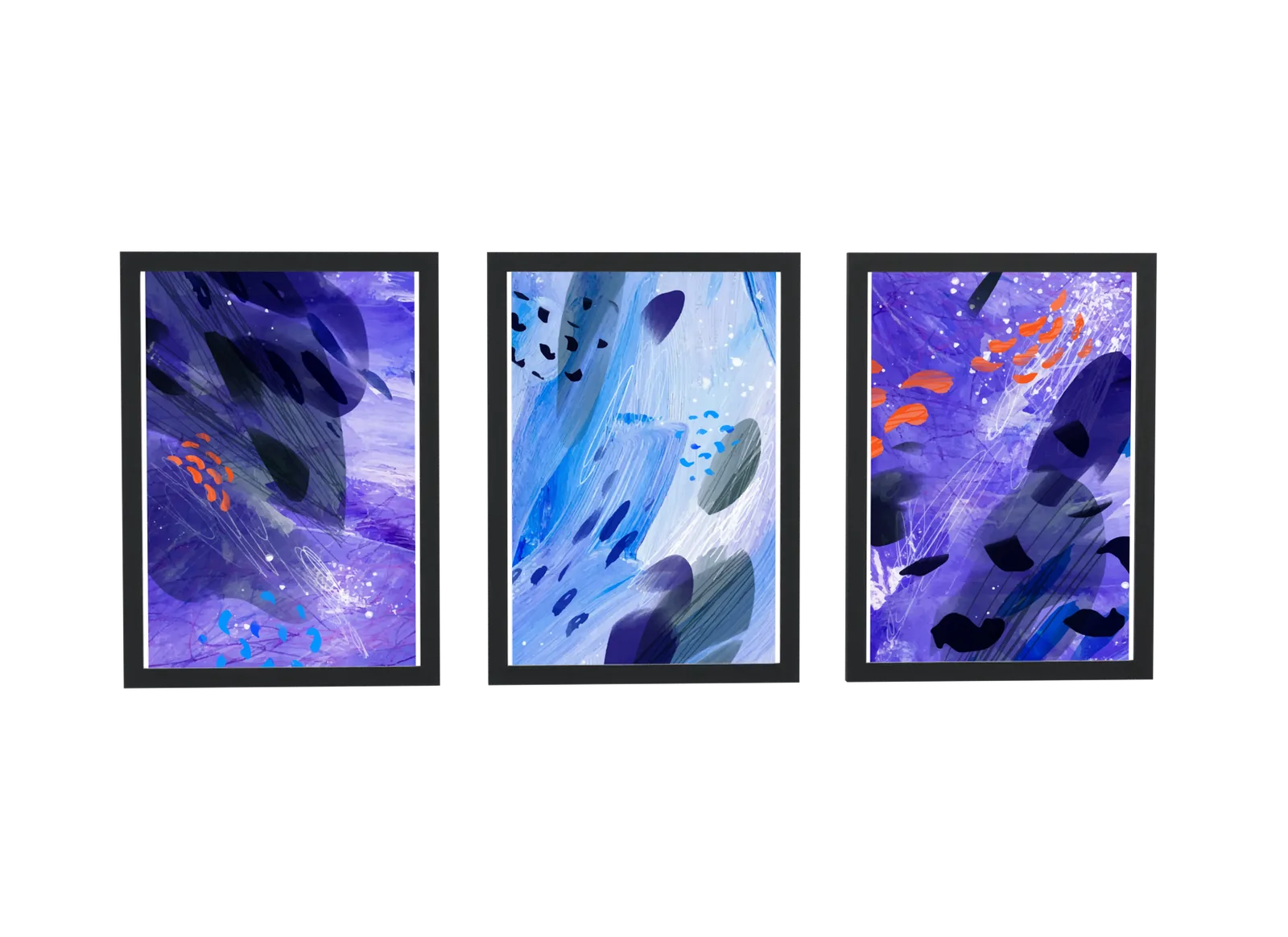 Trio abstrato em pincelada azul-violeta