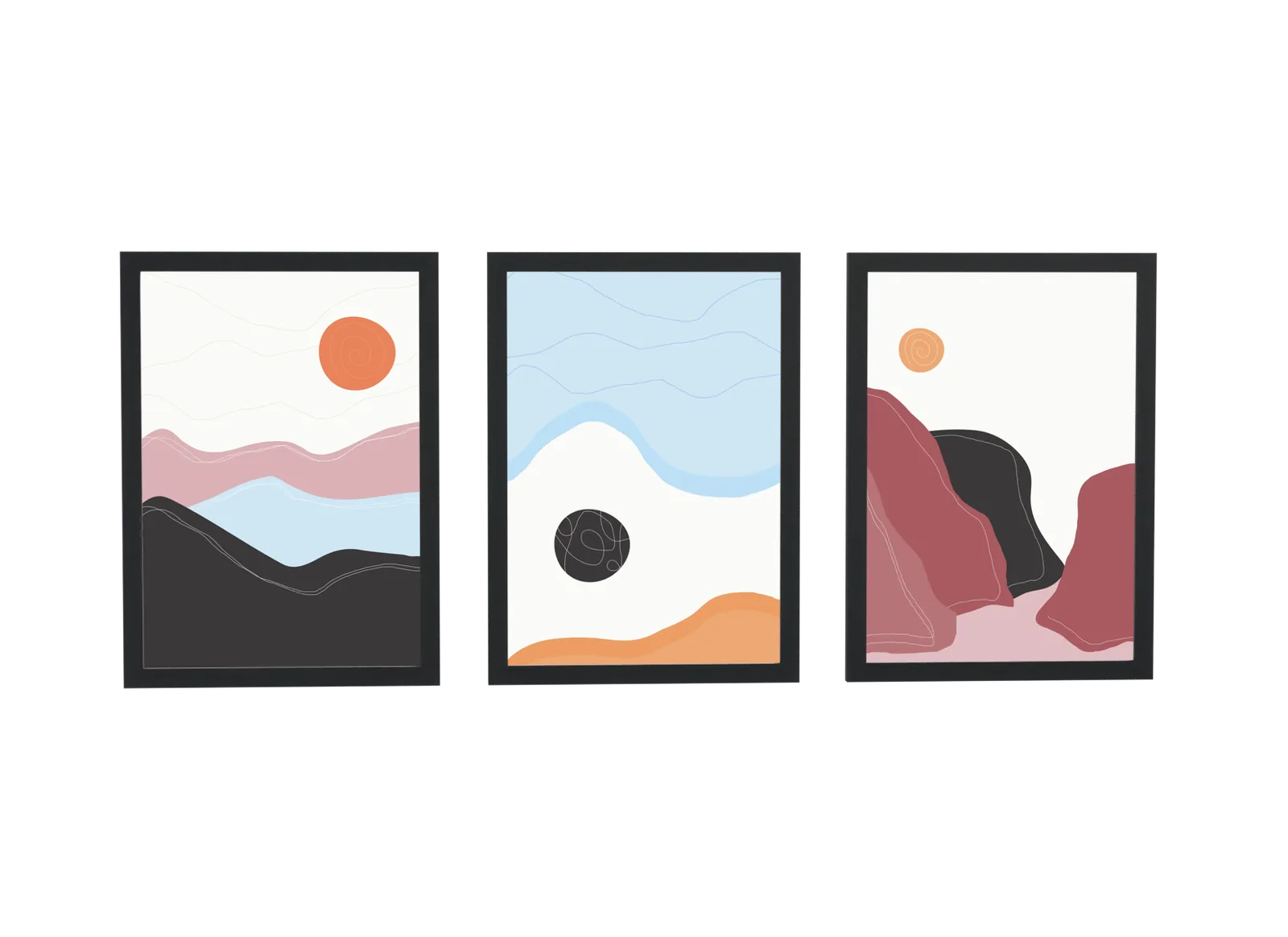 Trio minimalista de montanhas ao sol