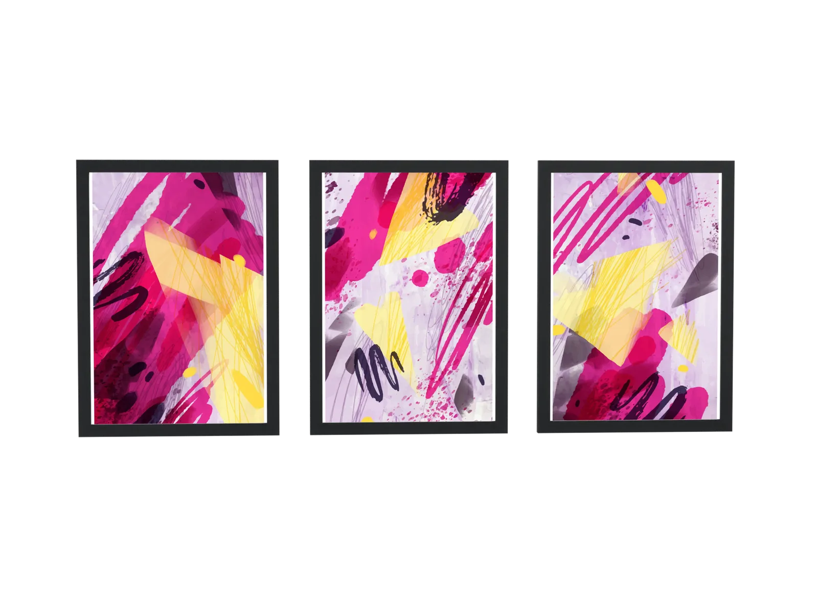 Trio abstrato em pincelada magenta e amarelo