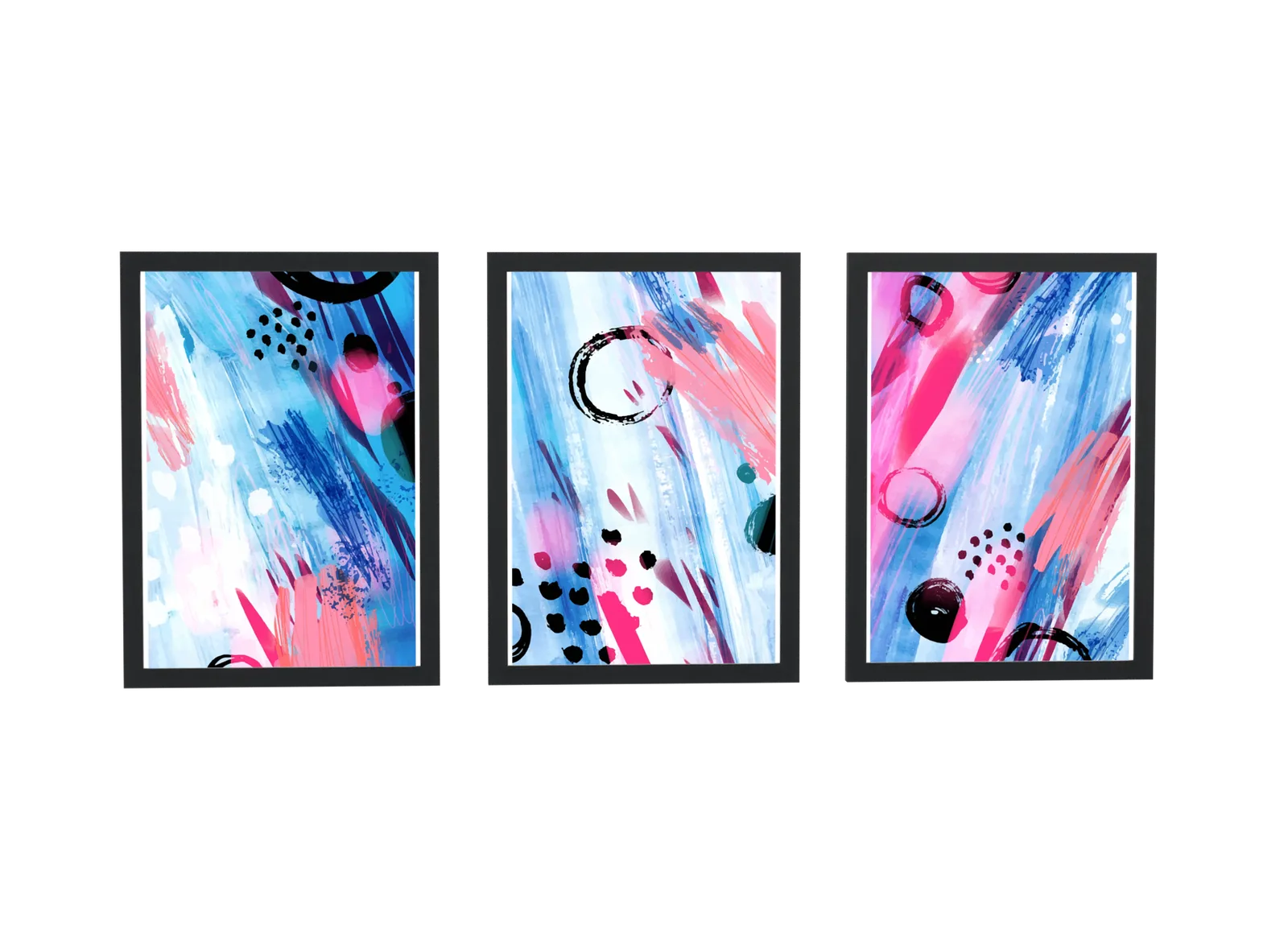 Trio abstrato em pincelada azul e rosa