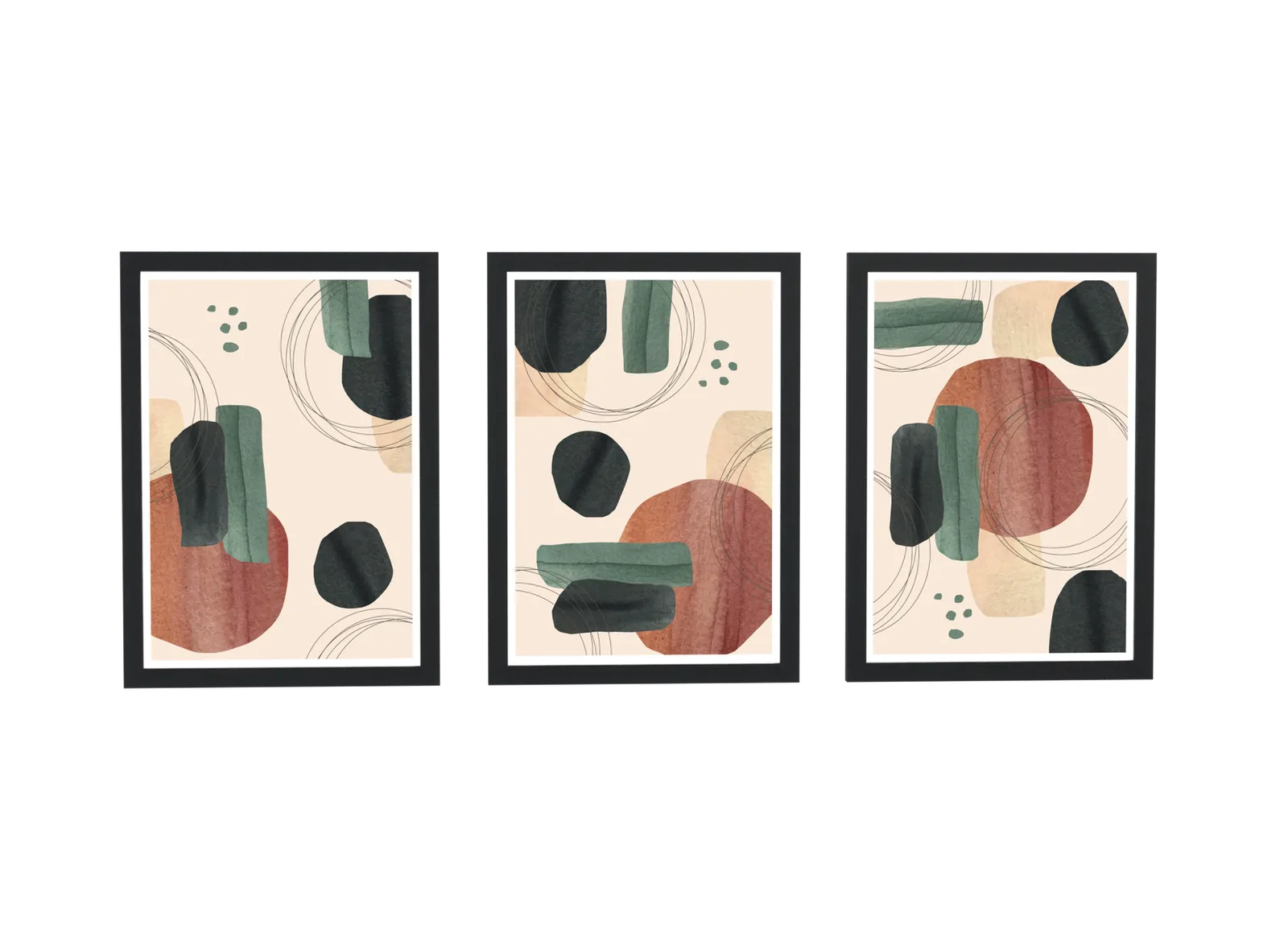 Trio abstrato em verde-escuro e terracota