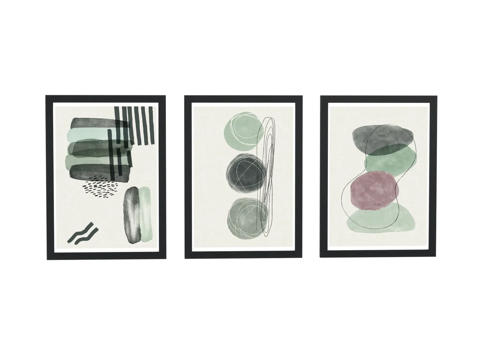 Trio aquarela em verde-escuro e sálvia