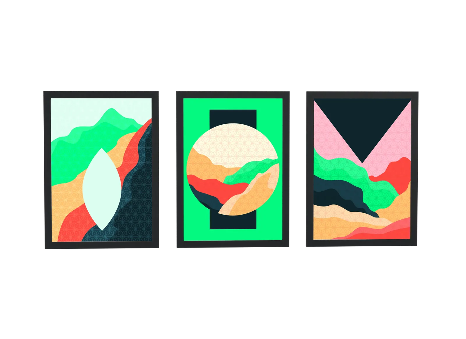 Trio de paisagem em verde e rosa vibrante