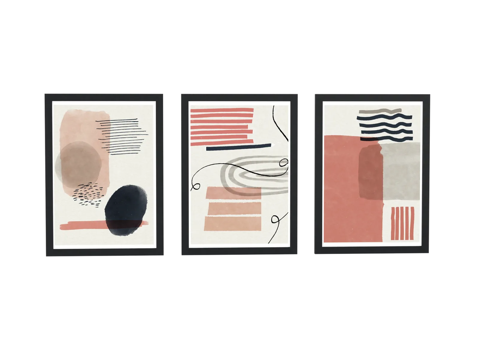 Trio abstrato em rosa-antigo e coral