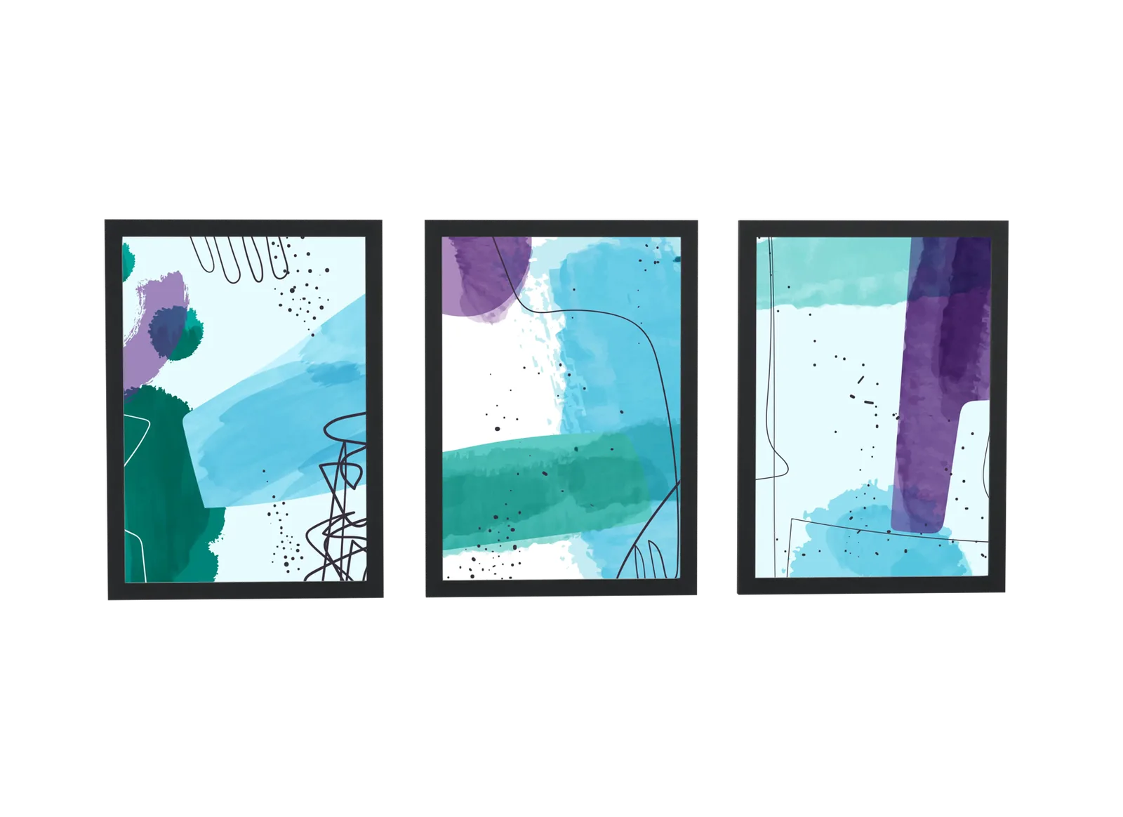 Trio aquarela em verde-água e roxo