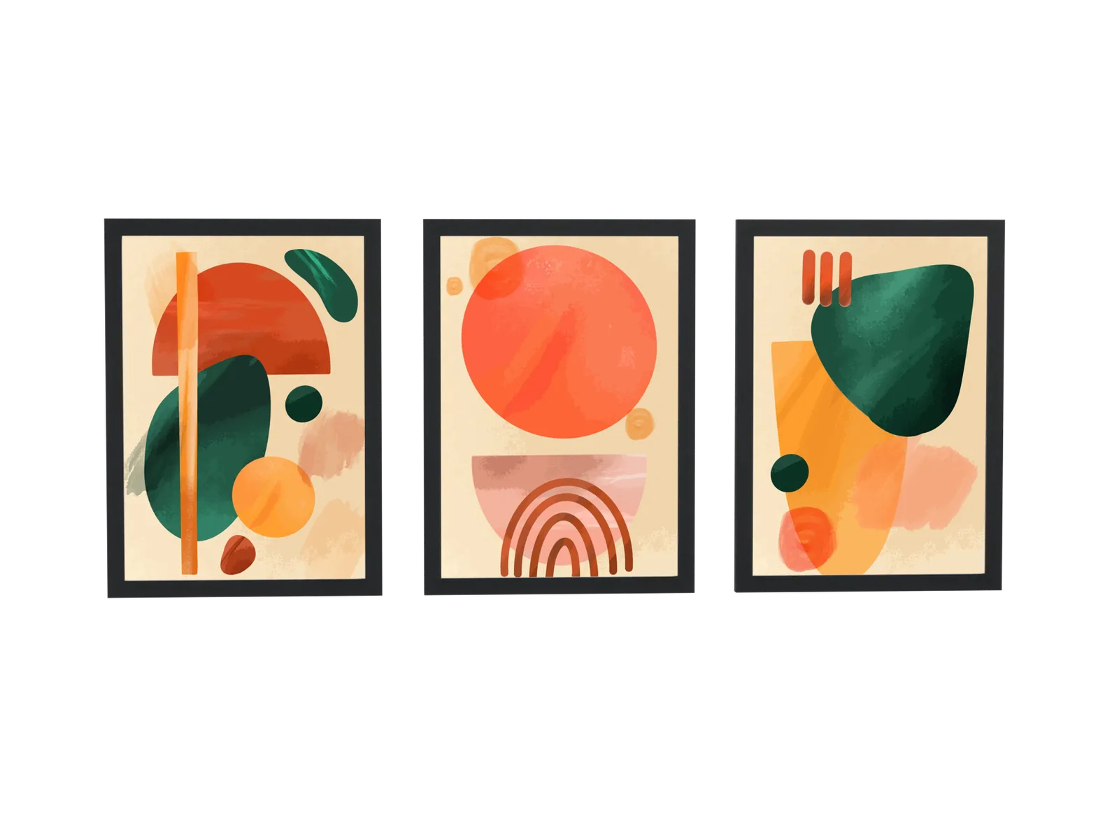 Trio abstrato em terracota e verde-escuro