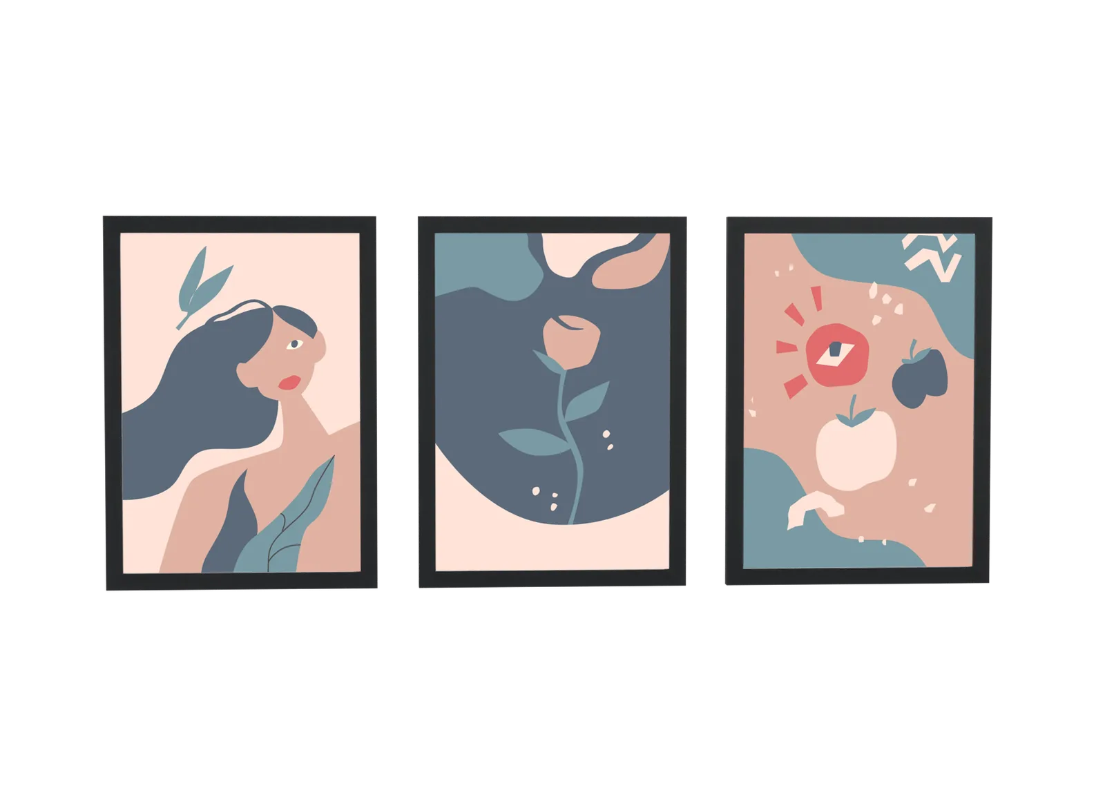 Trio ilustrado de mulher, rosa e natureza morta