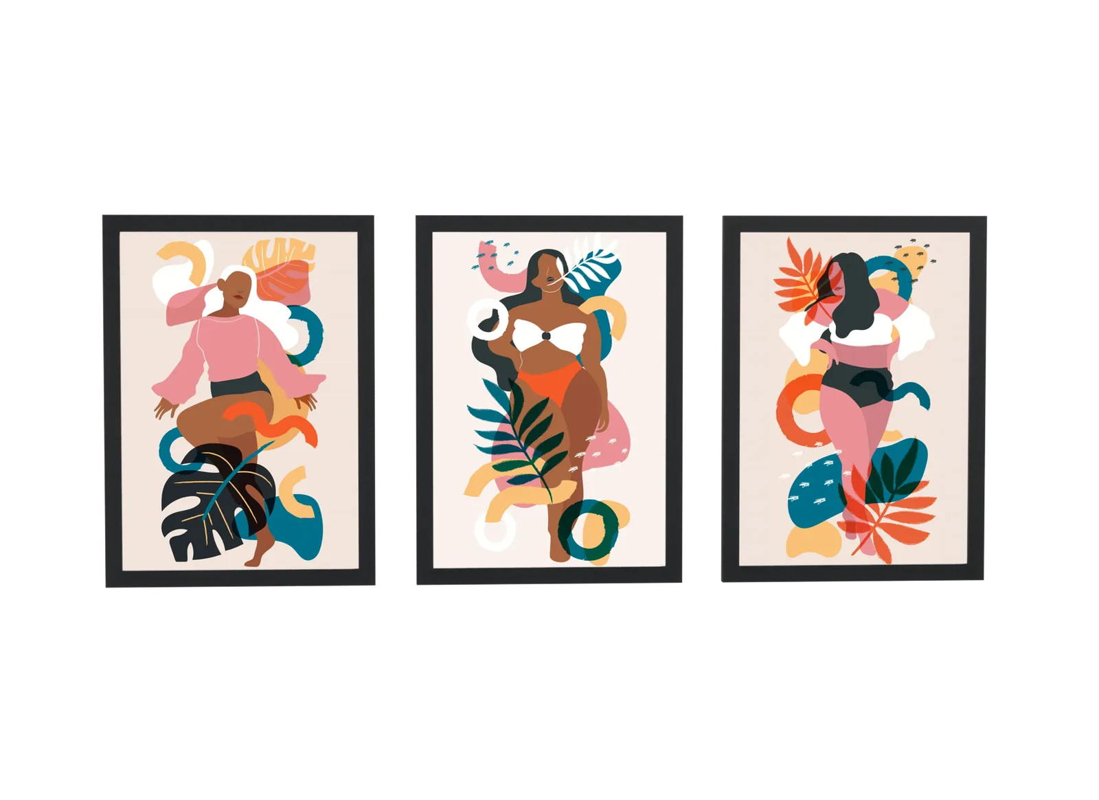 Trio ilustrado de mulheres e folhagem tropical