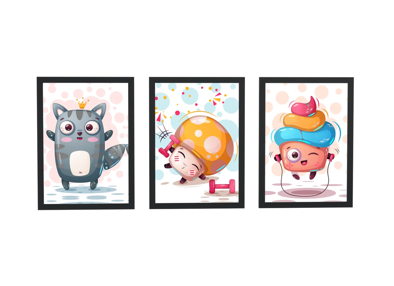 Trio kawaii de gato, cogumelo e morango