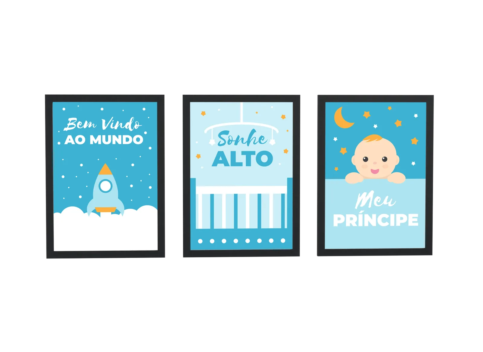 Trio infantil de foguete e berço azul