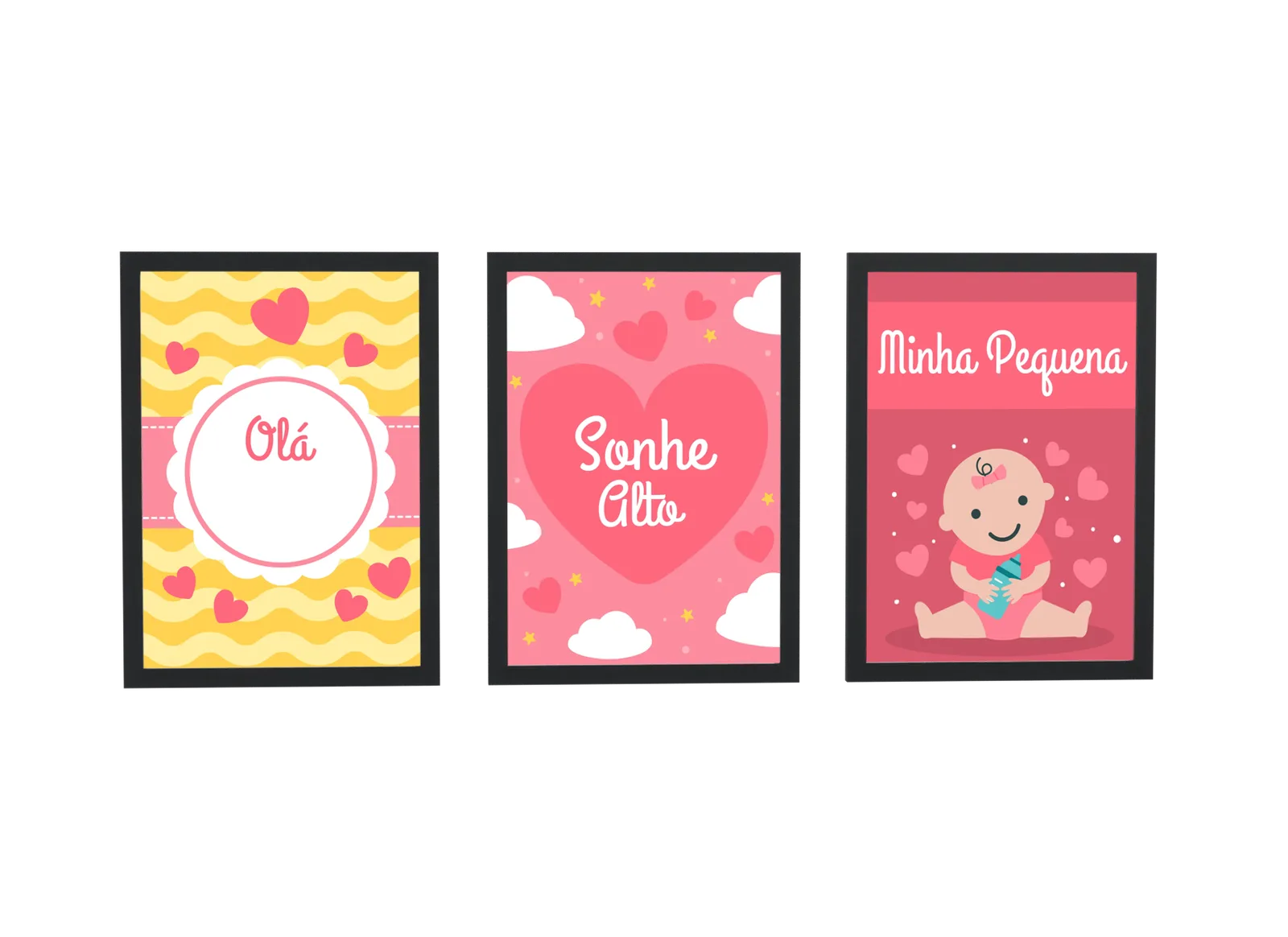 Trio infantil de corações em amarelo e coral