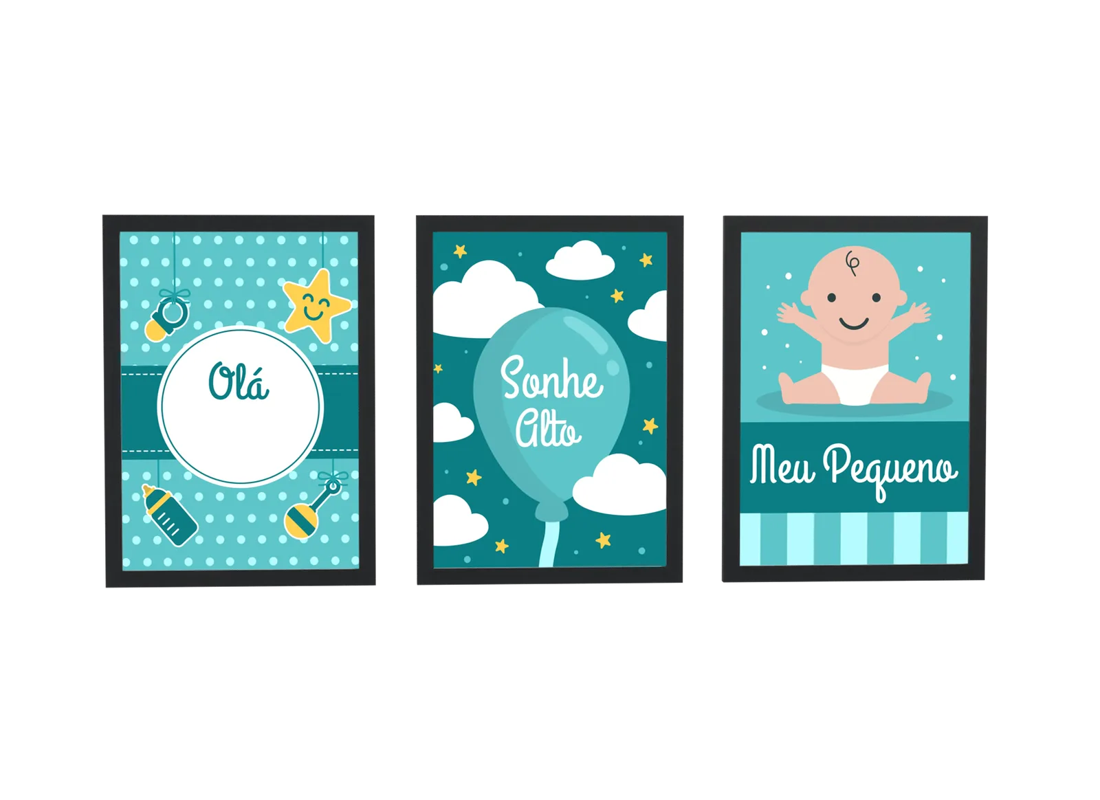 Trio infantil de estrela e balão em verde-água
