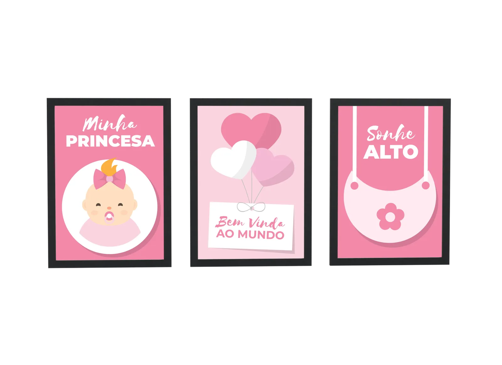 Trio infantil de balões de coração em rosa