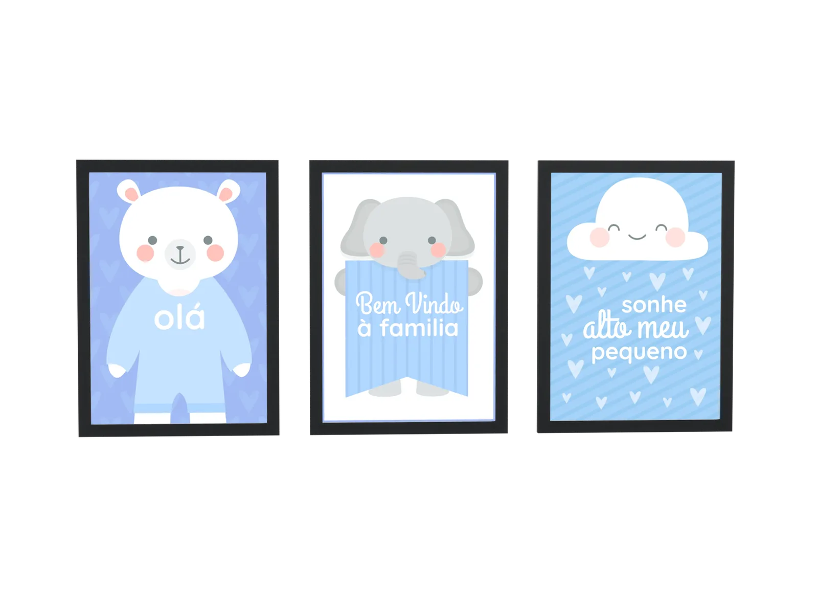 Trio infantil de ursinho e elefante em azul