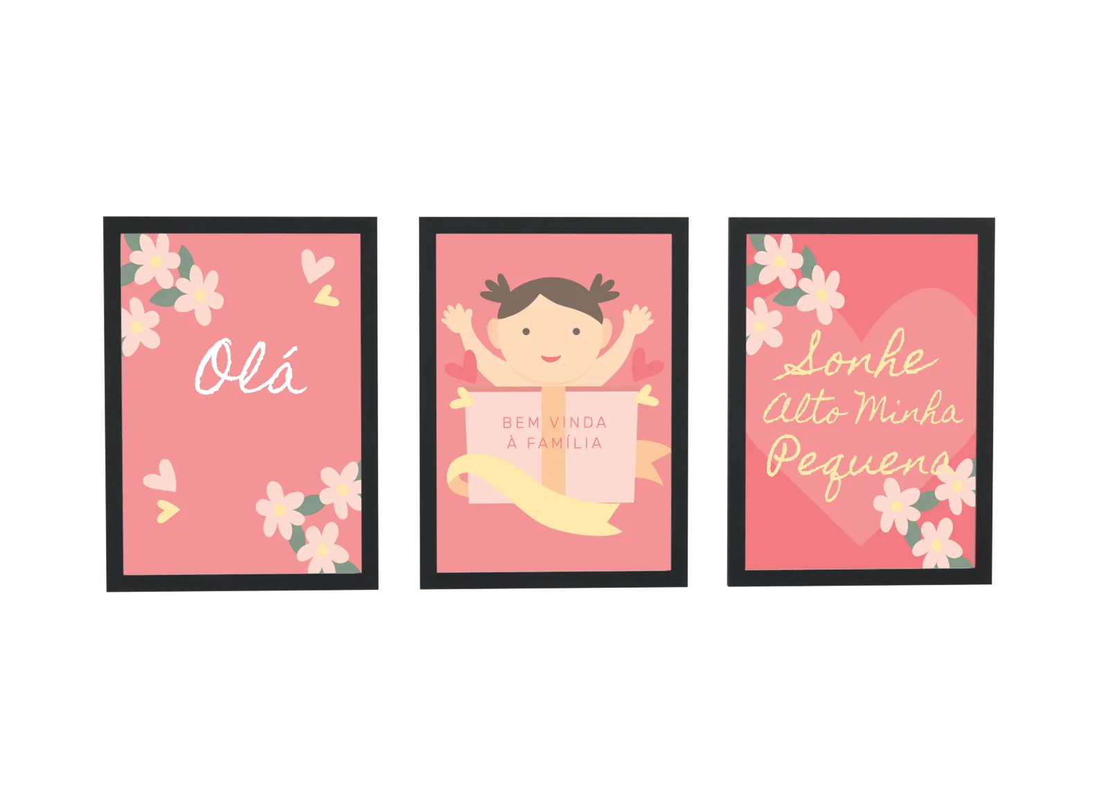 Trio infantil floral em coral e dourado