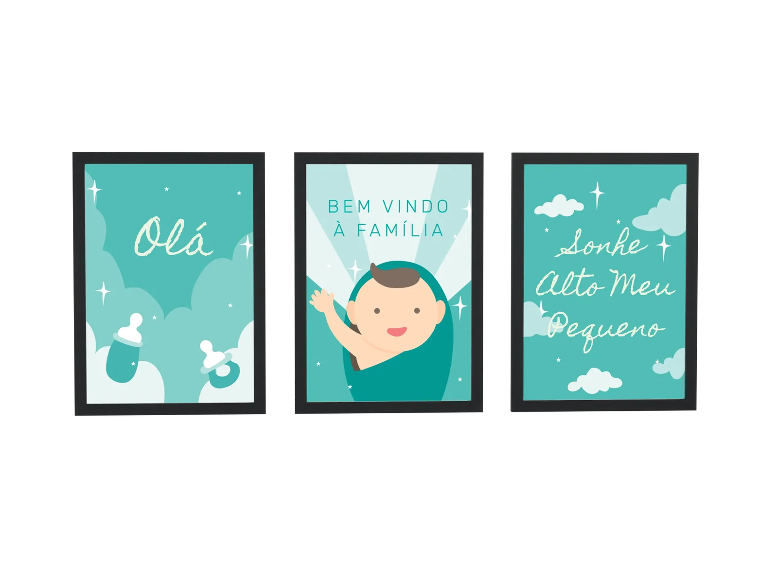 Trio infantil de chupeta e nuvens em verde