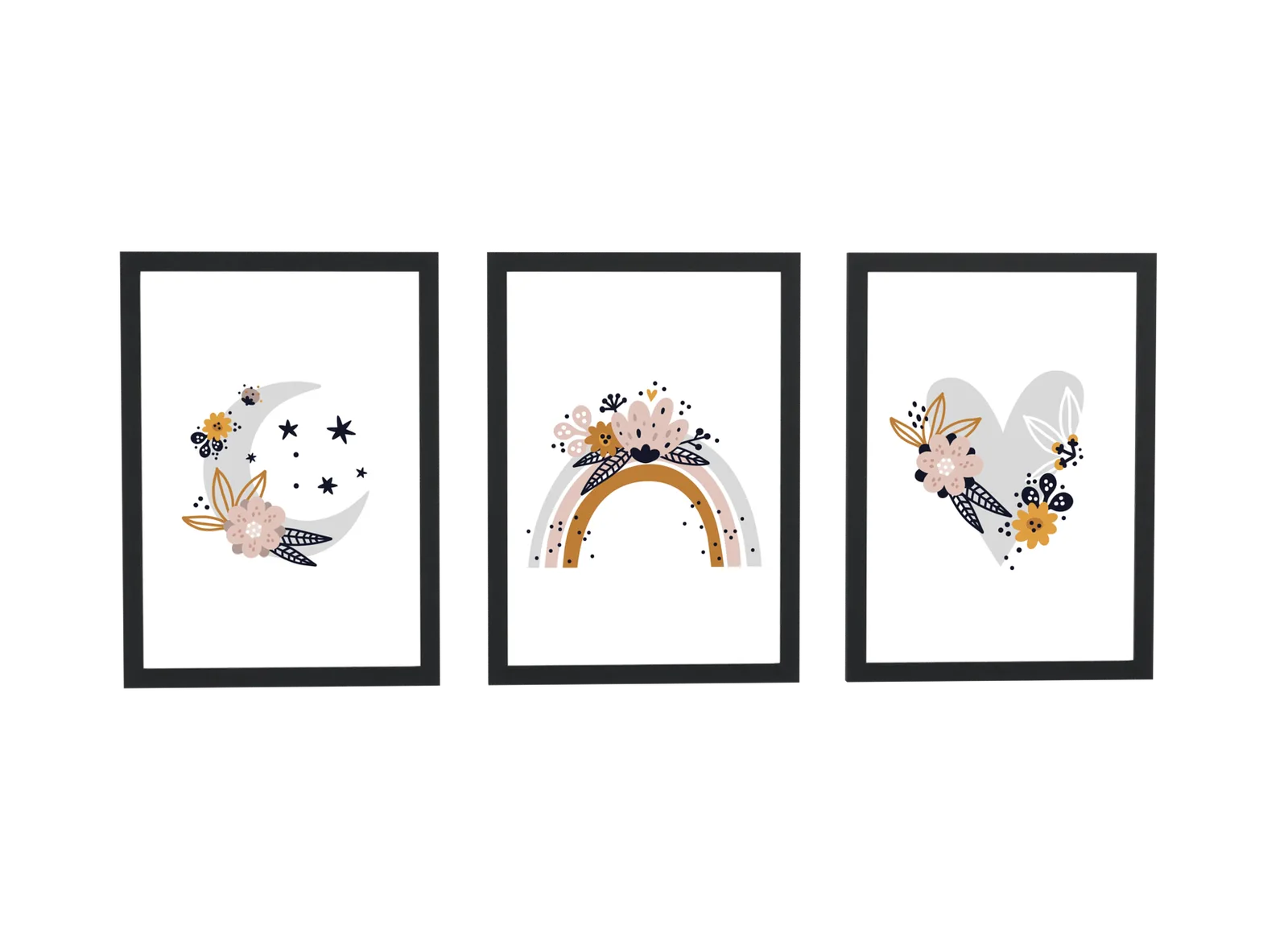 Trio infantil boho de lua e arco-íris