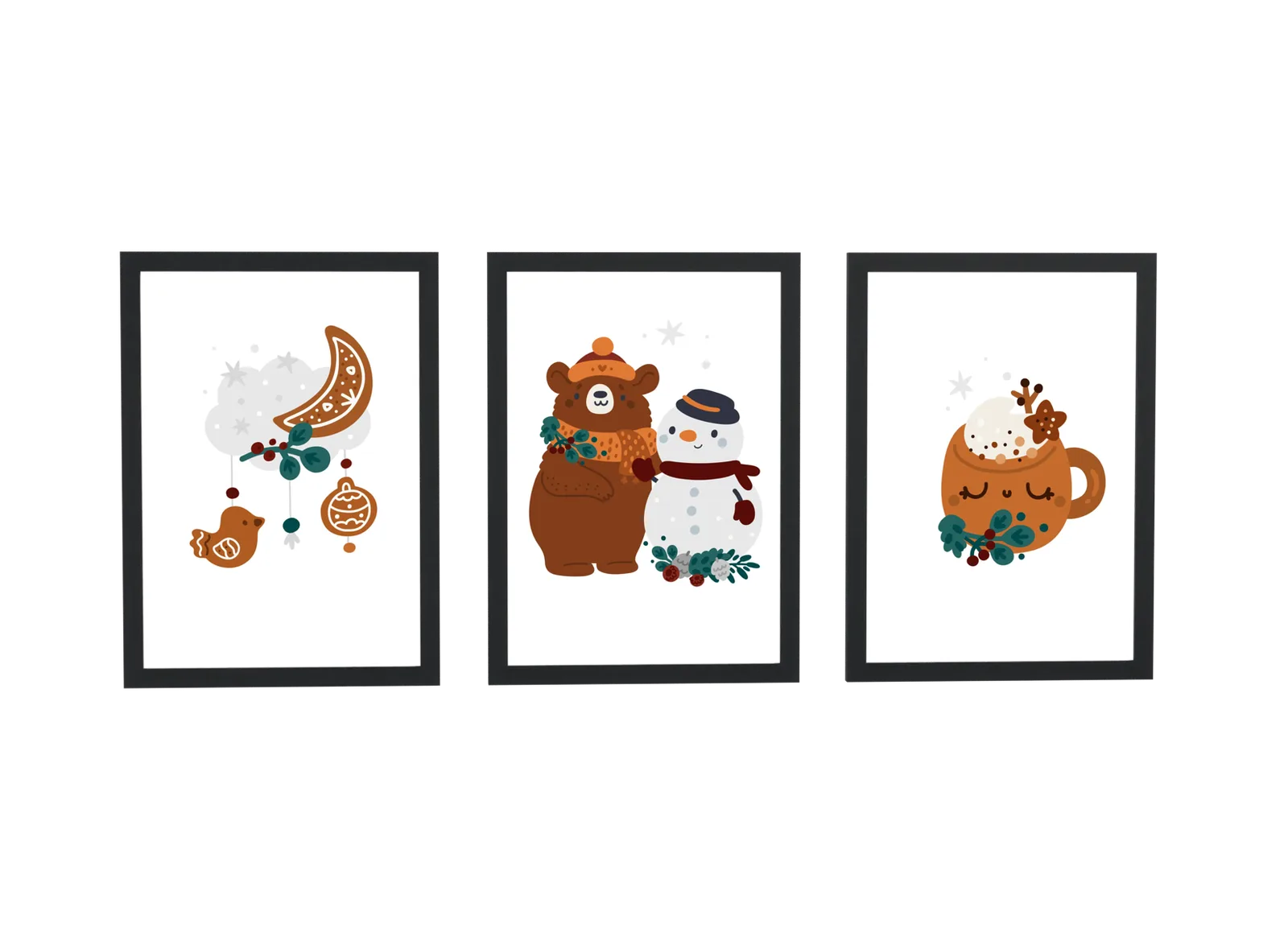 Trio infantil de urso e boneco de neve