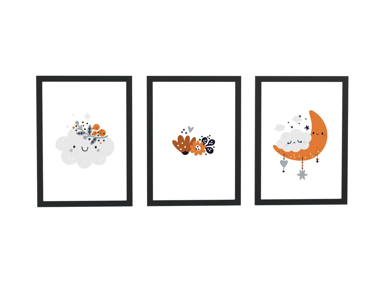 Trio infantil boho de nuvem e lua em mostarda