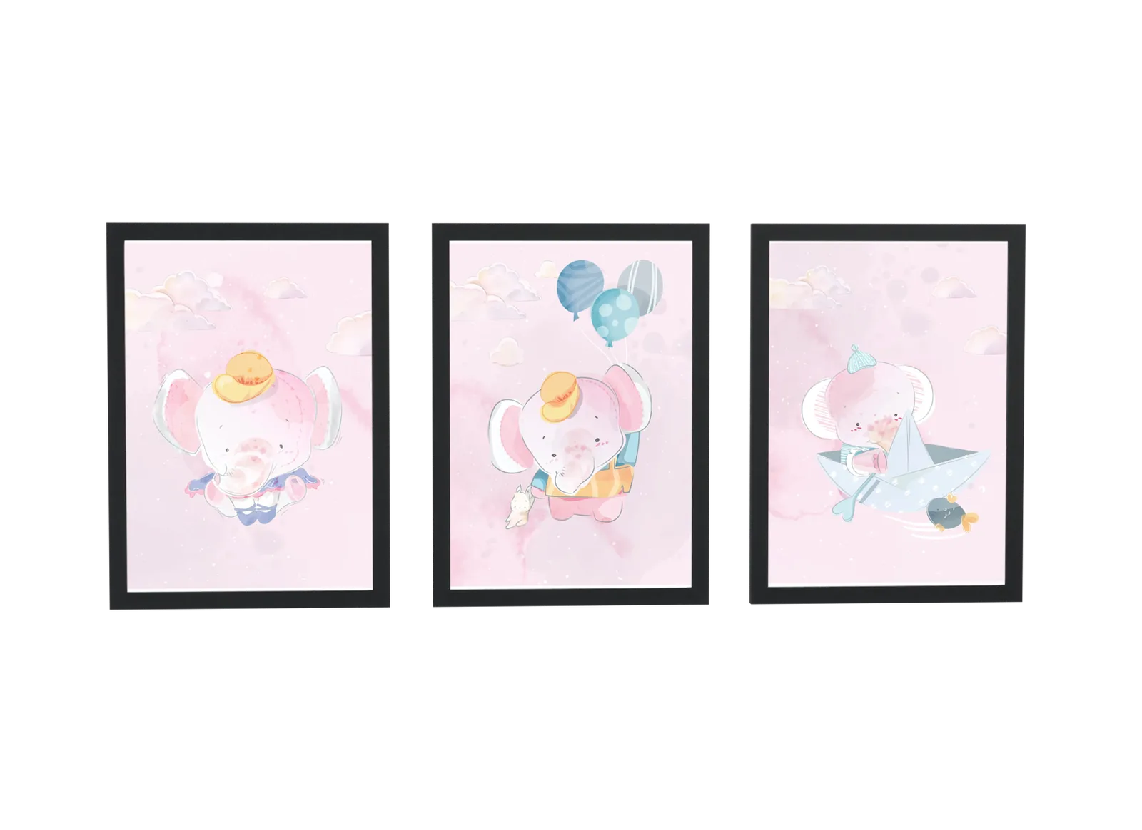 Trio de elefantinhos em aquarela rosa