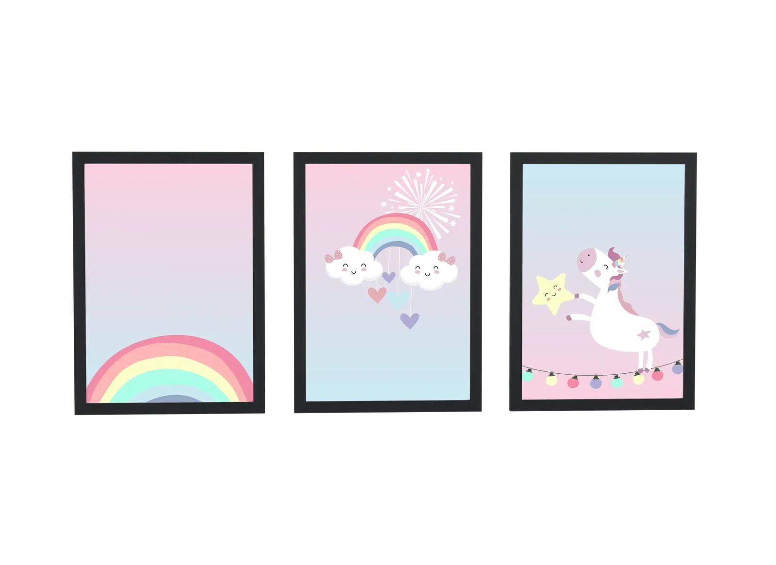 Trio infantil de unicórnio e arco-íris pastel