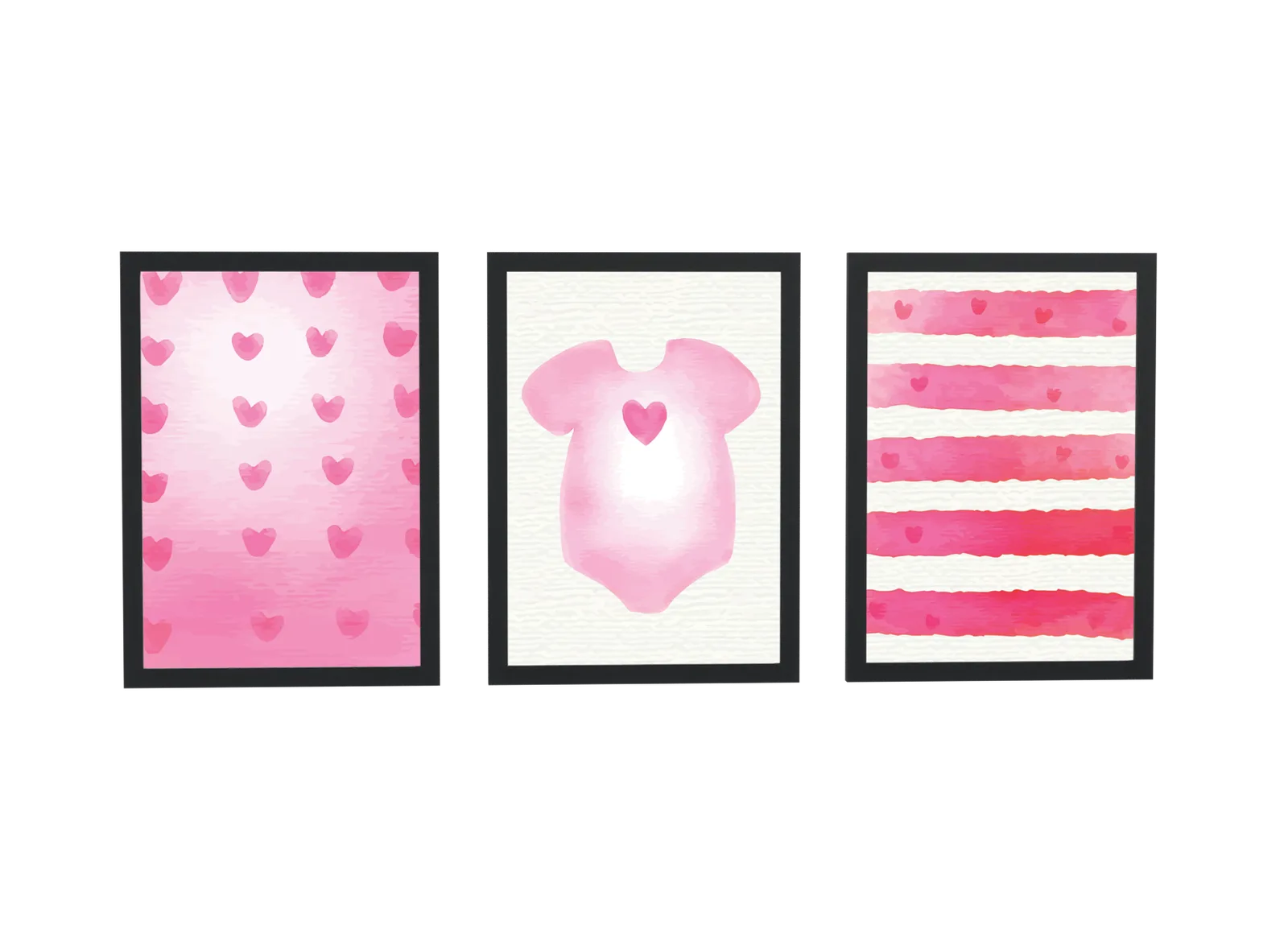 Trio infantil de corações em aquarela rosa