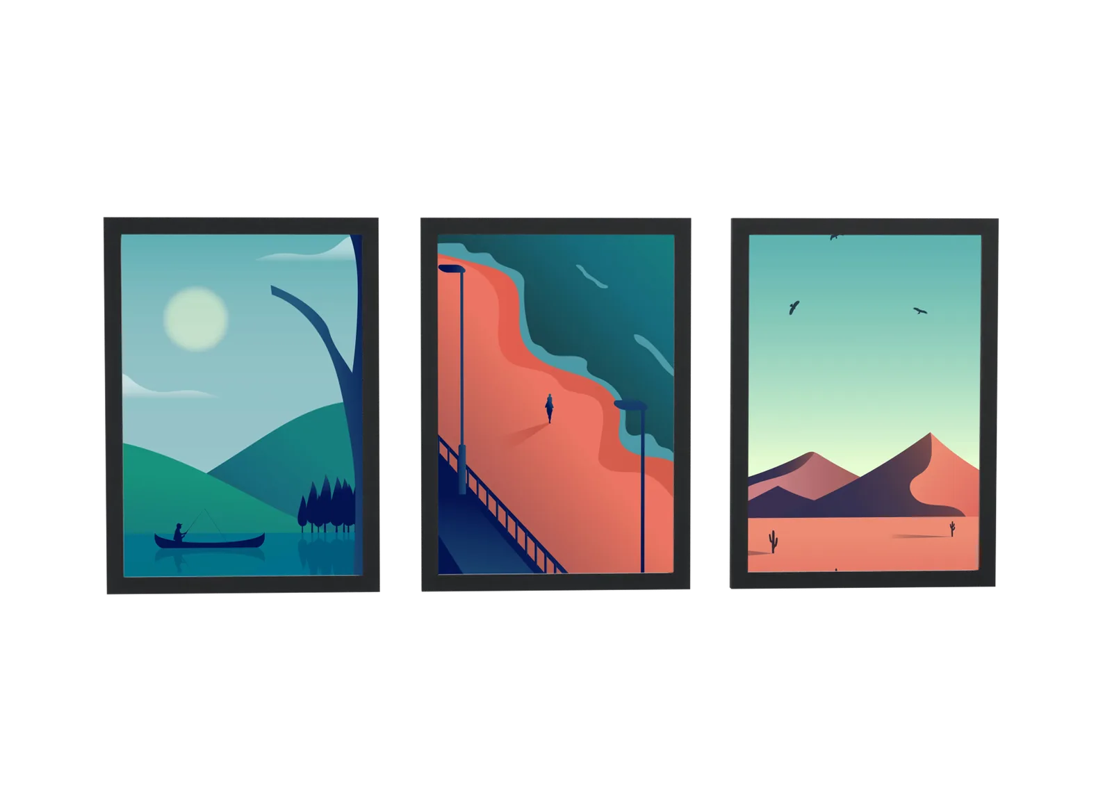 Trio de lago, ponte e deserto em verde-água