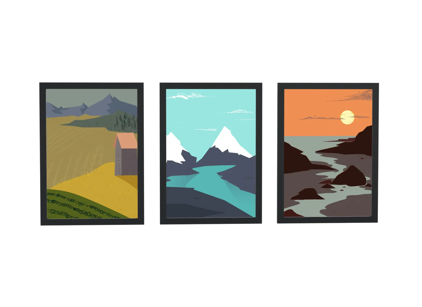 Trio de celeiro, montanha e pôr do sol