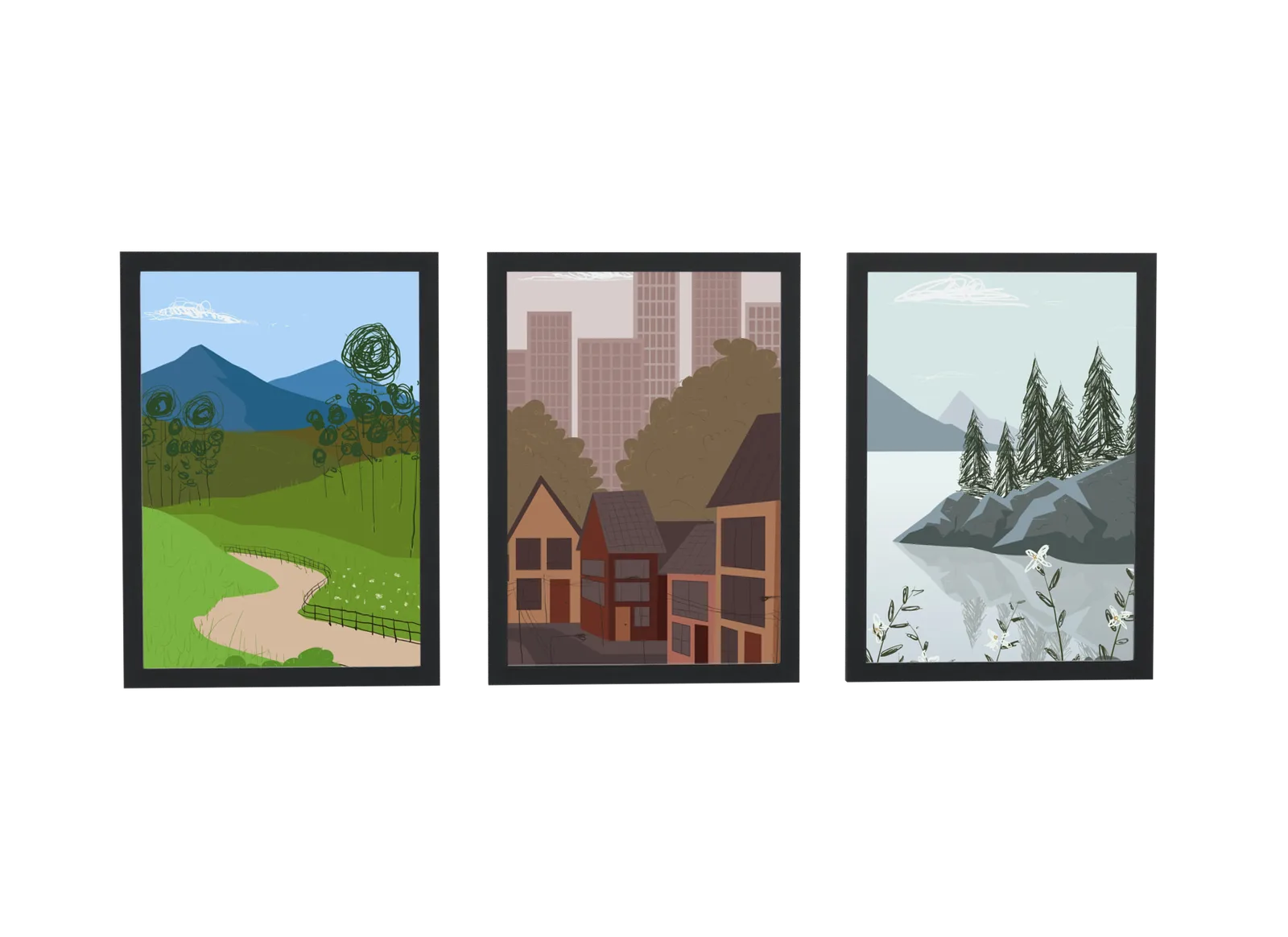 Trio de vilarejo e paisagem montanhosa