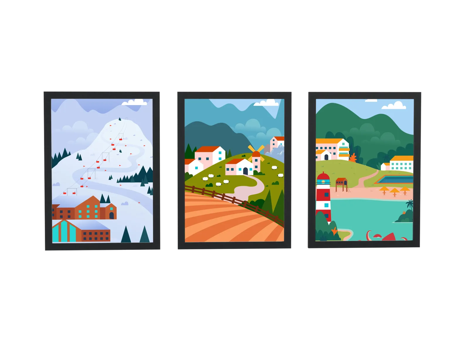 Trio de vilarejos ilustrados em mapa