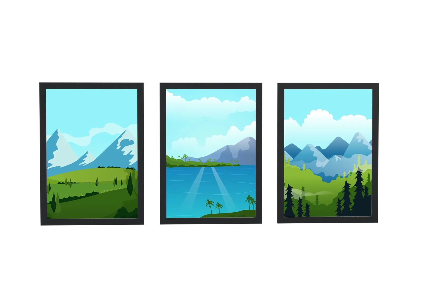 Trio de montanhas e lago em azul e verde