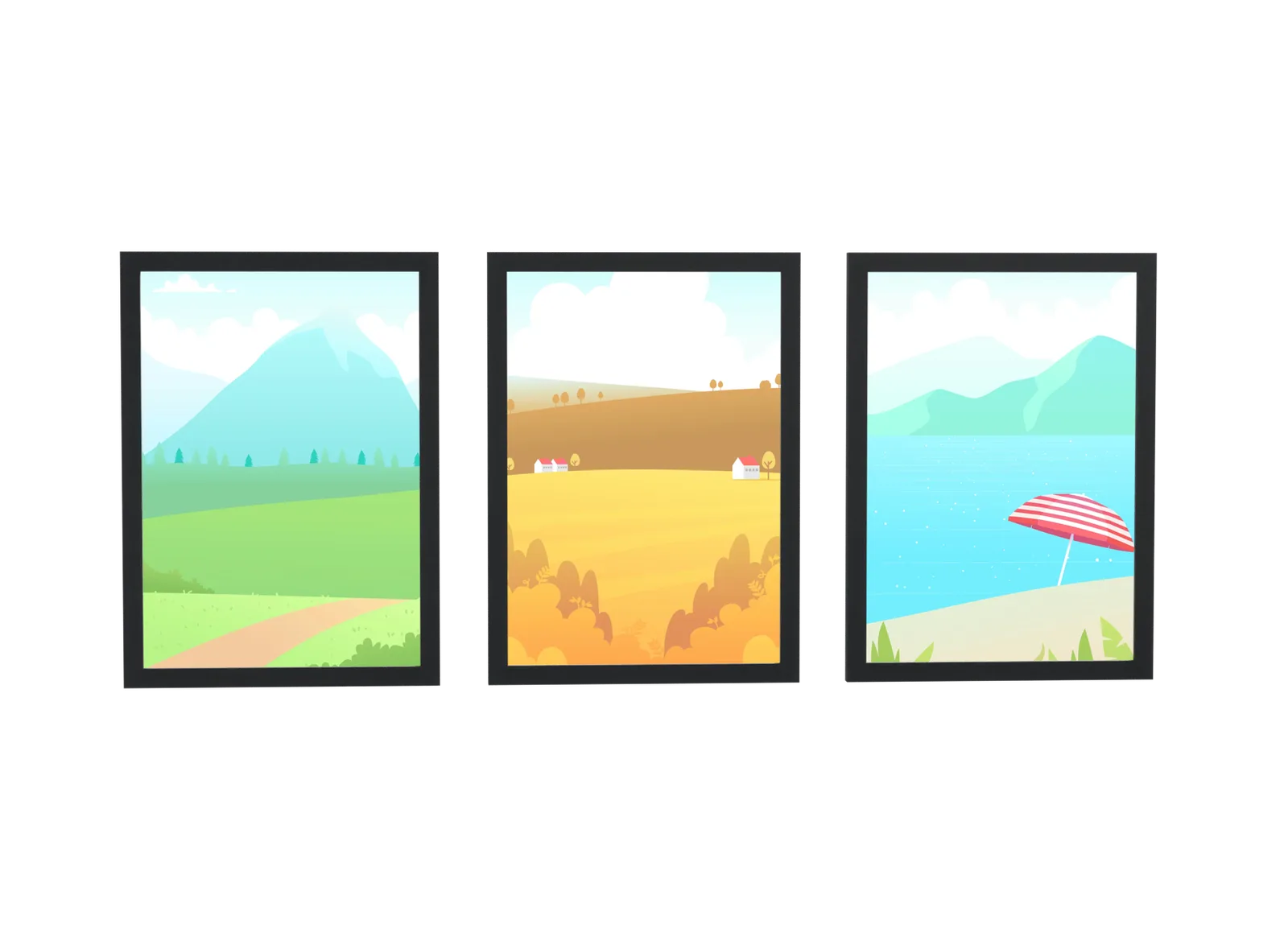 Trio de paisagem com guarda-sol e trigal
