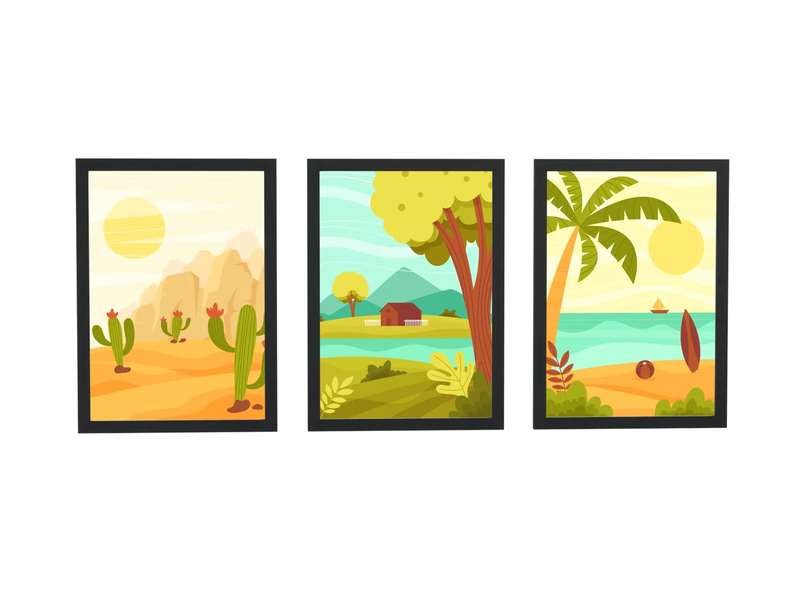 Trio de deserto, campo e praia com palmeira
