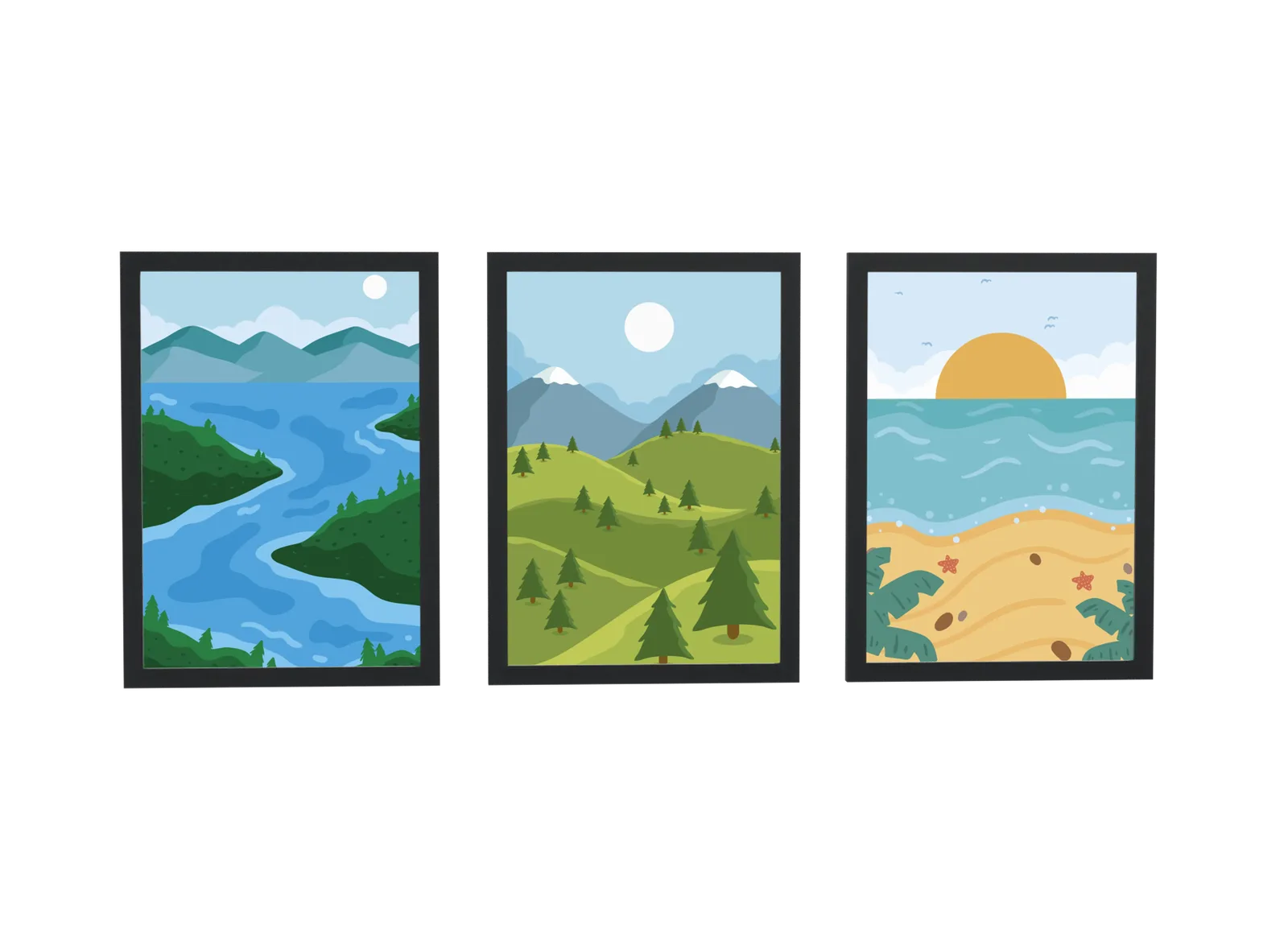 Trio de rio, colinas e praia em verde e azul