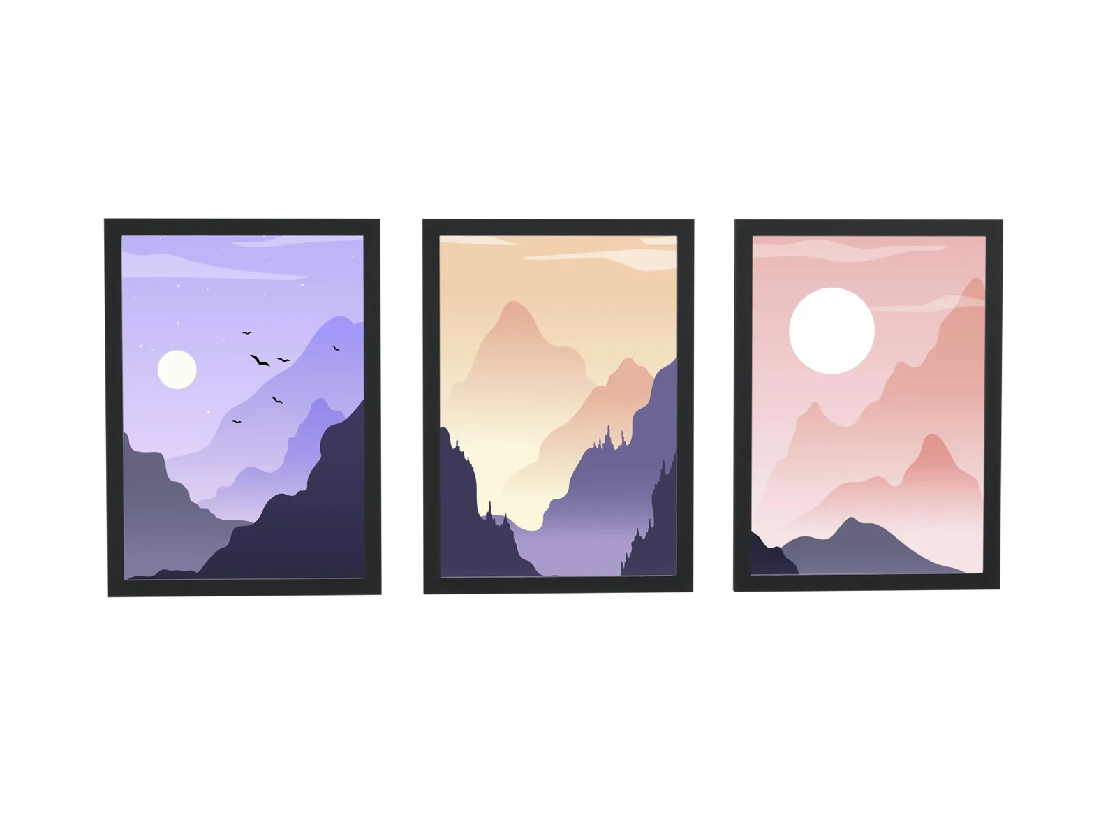 Trio de montanhas em degradê roxo e rosa