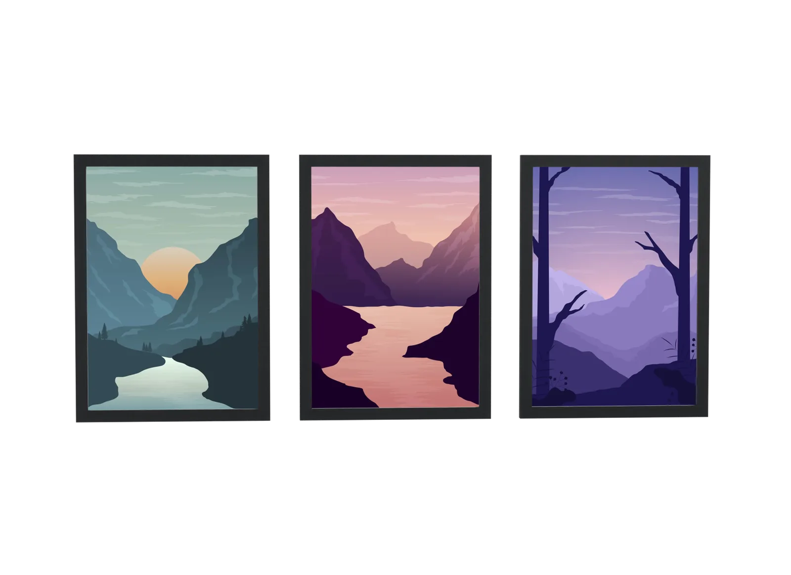 Trio de rio entre montanhas em tons de roxo