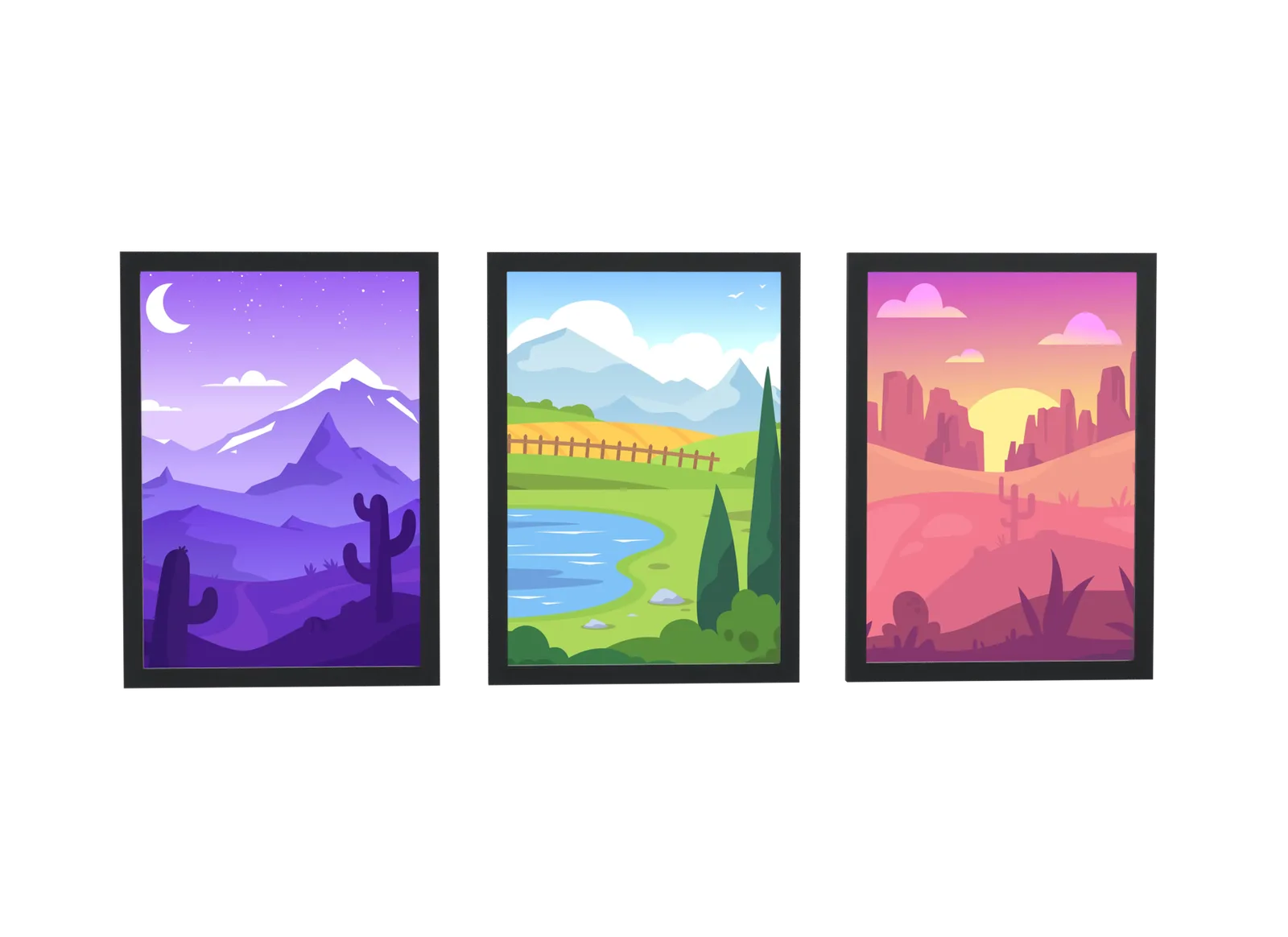 Trio de deserto e cactos em roxo e rosa