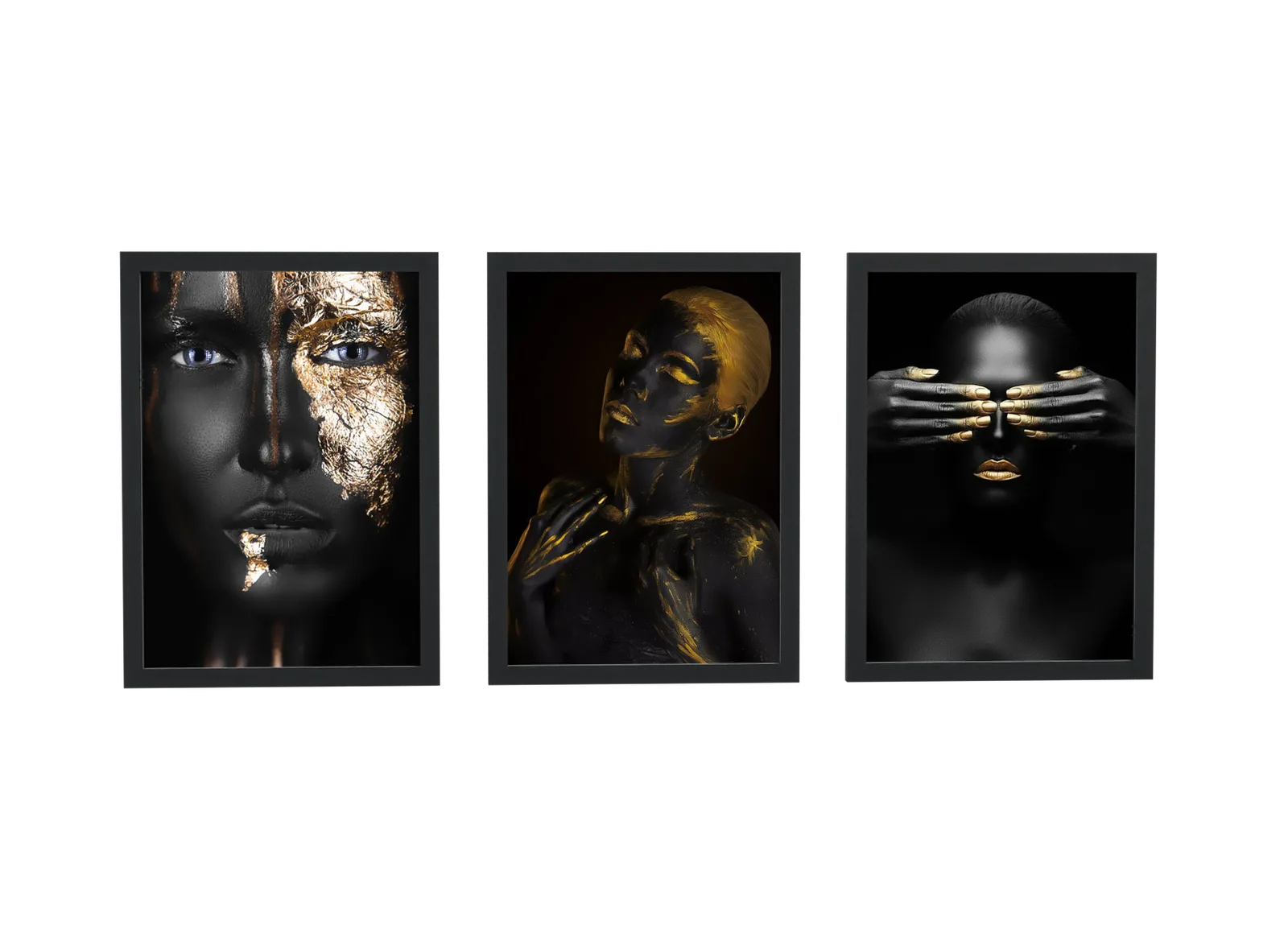 Trio de retrato em pintura corporal dourada