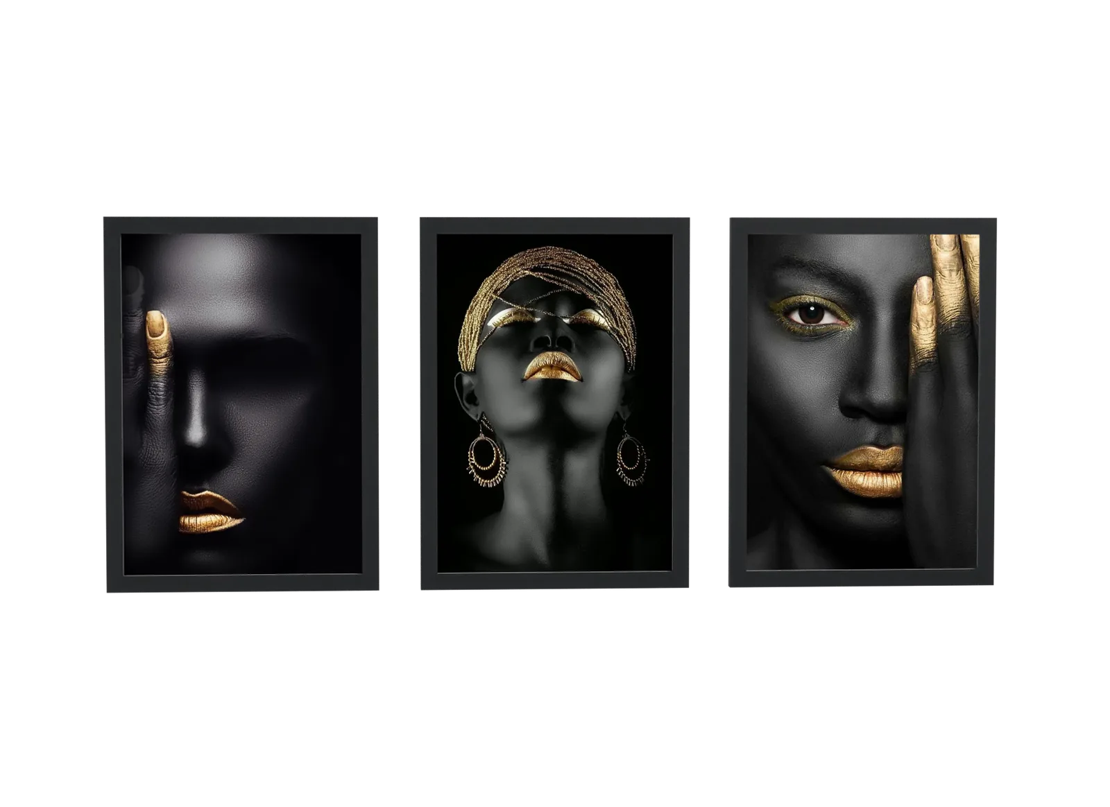 Trio de retrato dourado com turbante e brincos