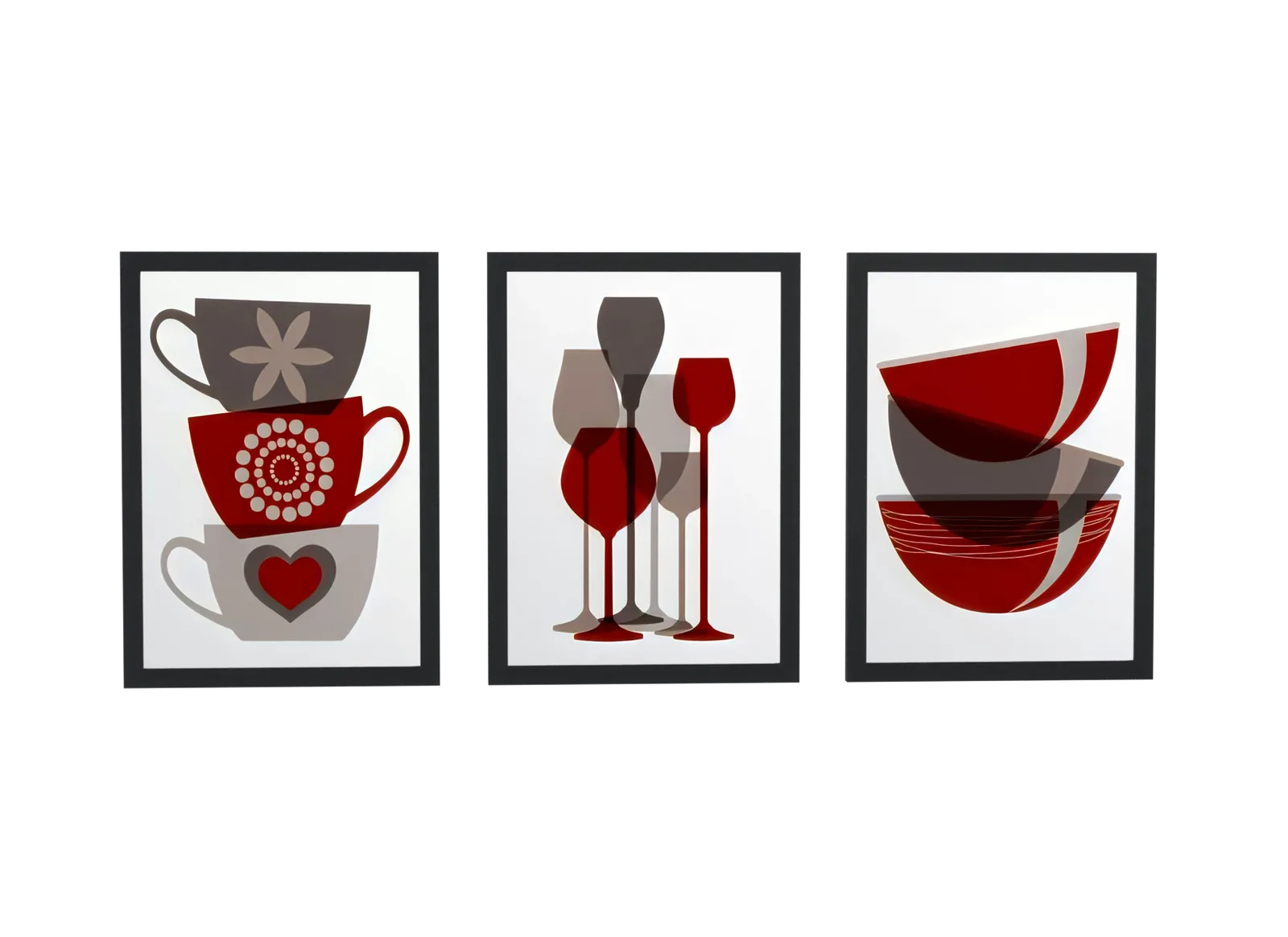 Trio de xícaras, taças e tigelas em vermelho
