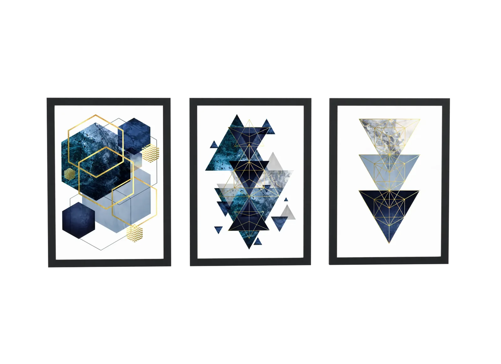 Trio geométrico em azul-marinho e dourado