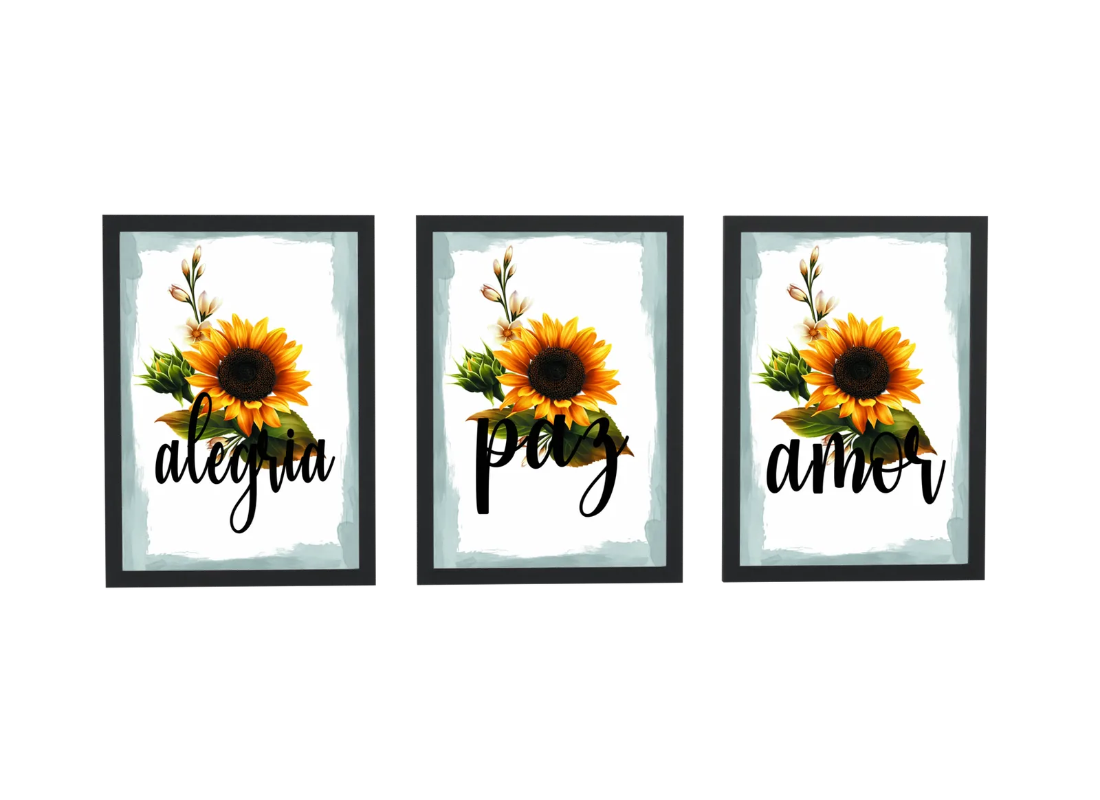 Trio alegria, paz e amor com girassóis