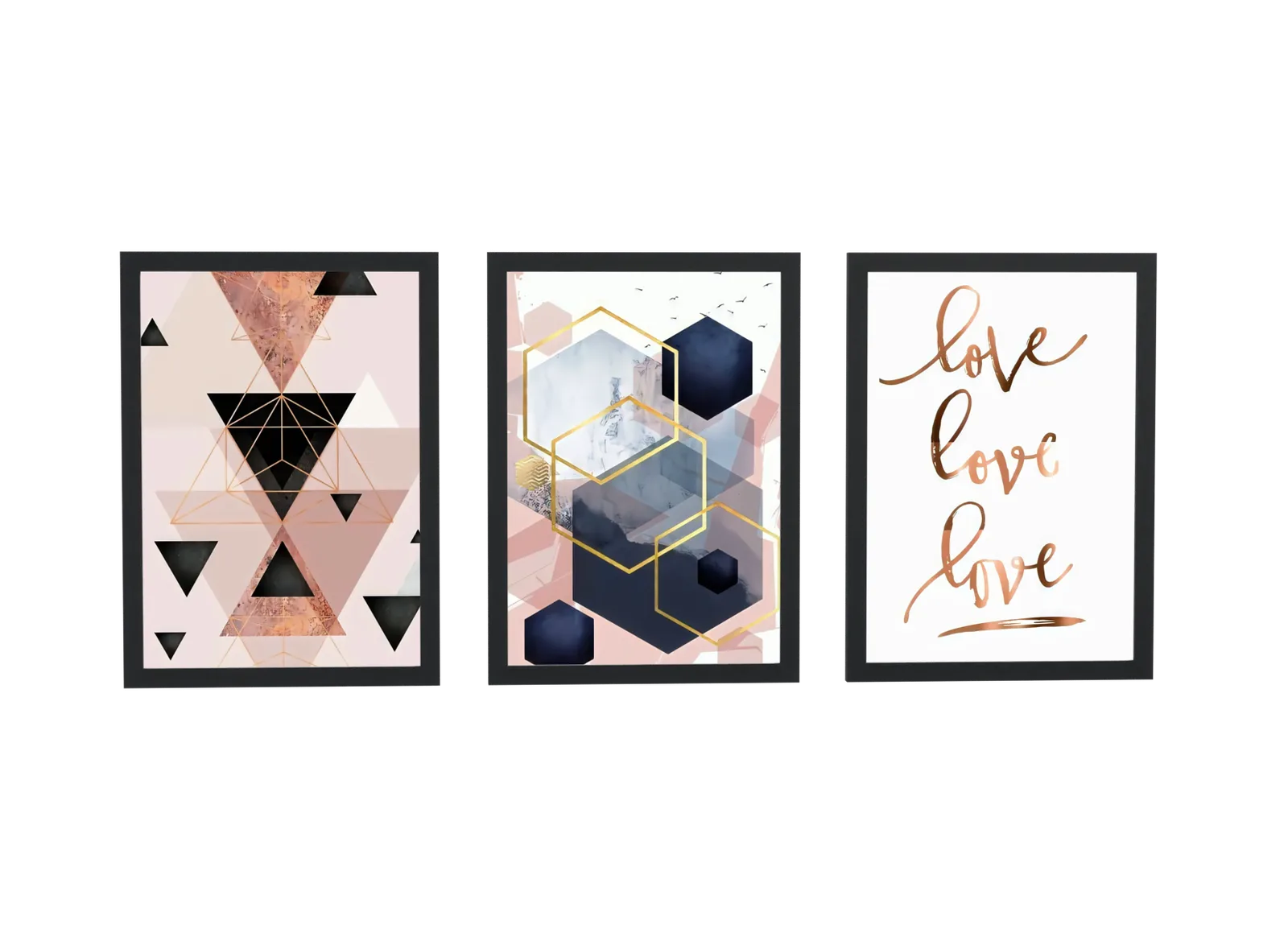 Trio geométrico em rosé com a palavra love
