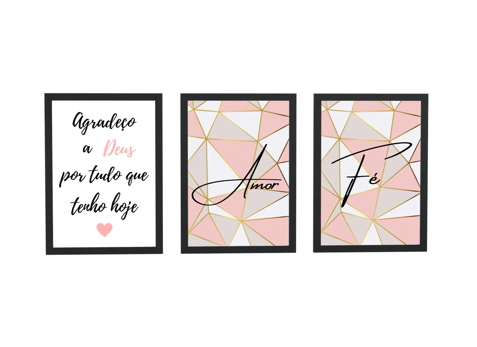 Trio geométrico dourado de amor, fé e gratidão