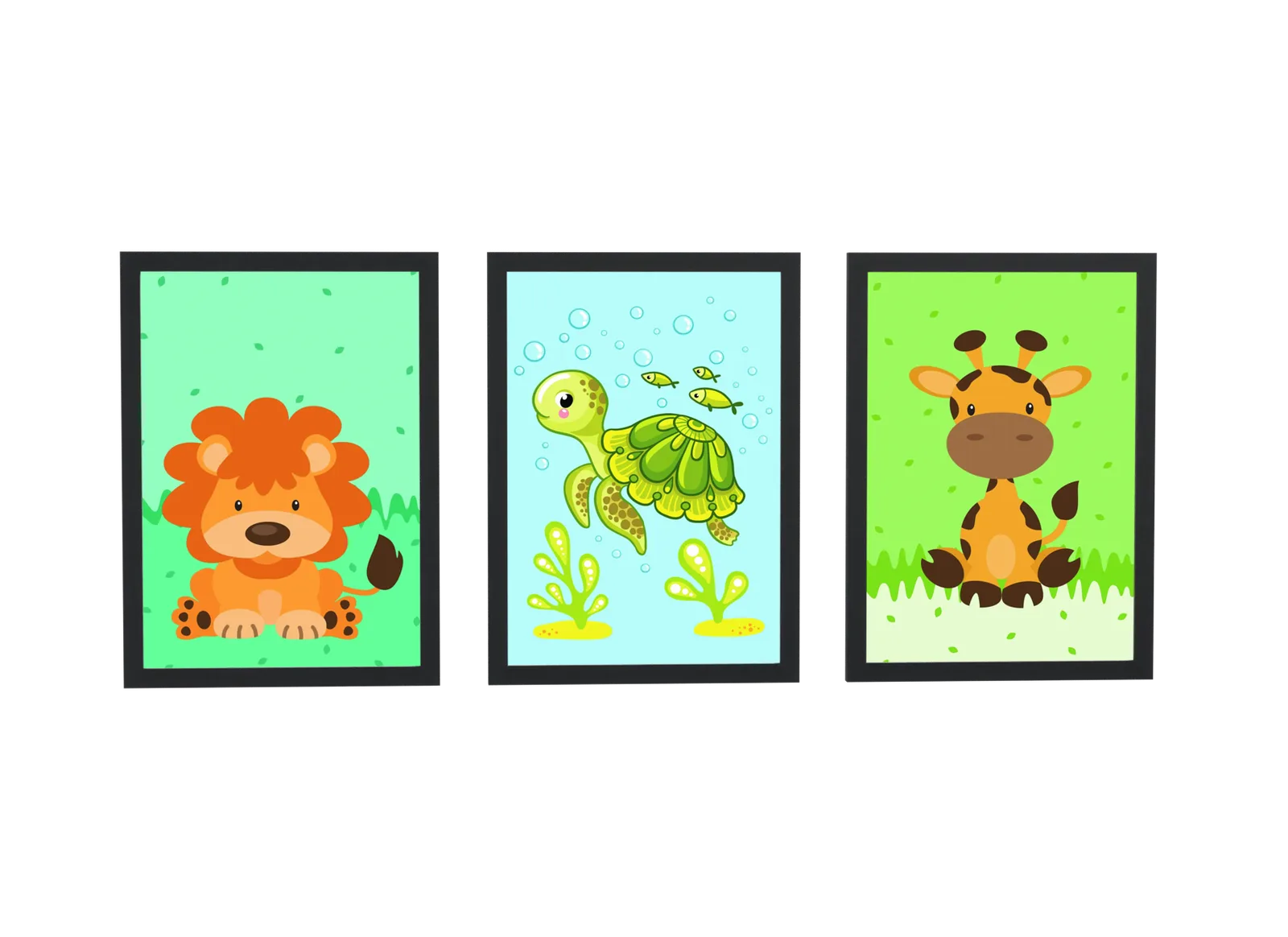 Trio infantil de leão, tartaruga e girafa