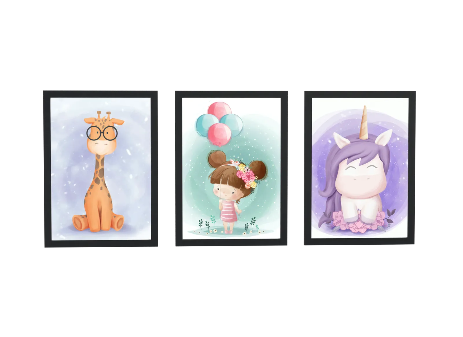 Trio infantil de girafa, menina e unicórnio