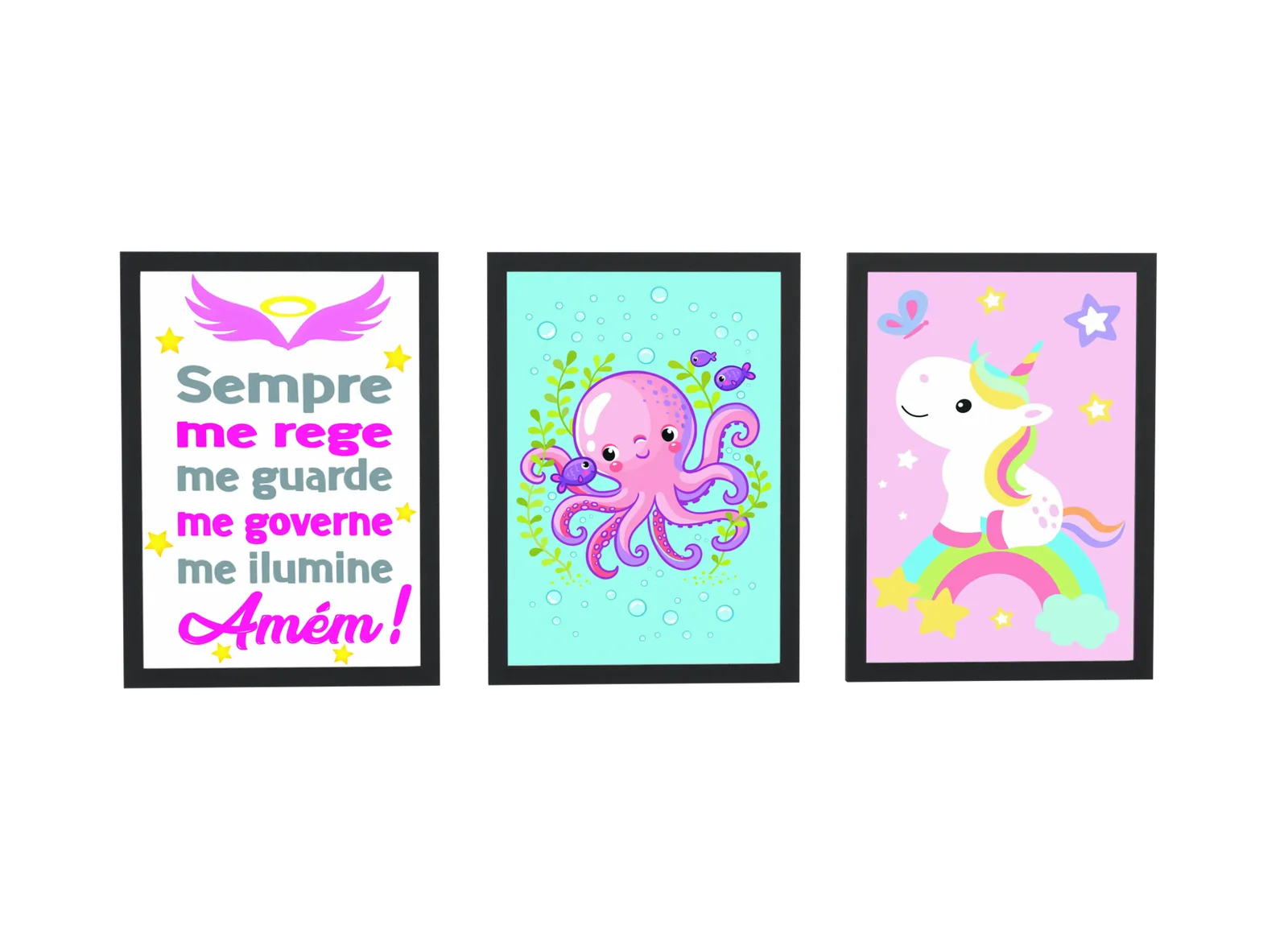 Trio infantil de oração, polvo e unicórnio