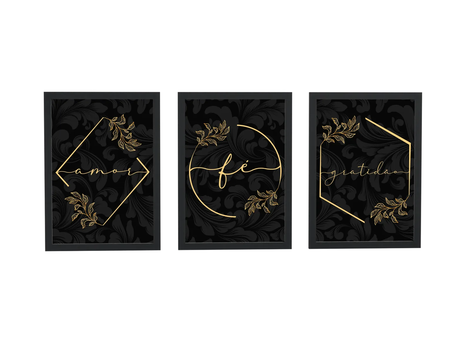 Trio preto e dourado de amor, fé e gratidão