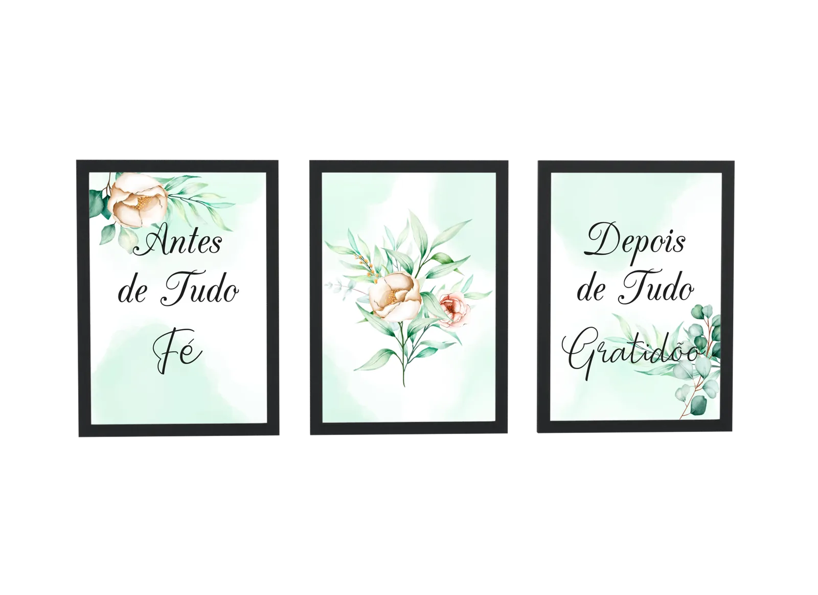 Trio verde de fé e gratidão com flores