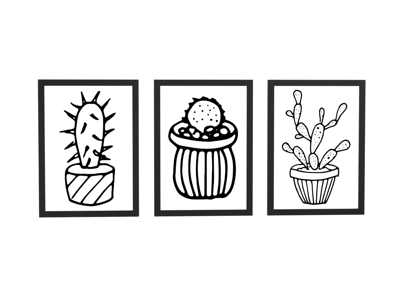 Trio de cactos em traço preto e branco